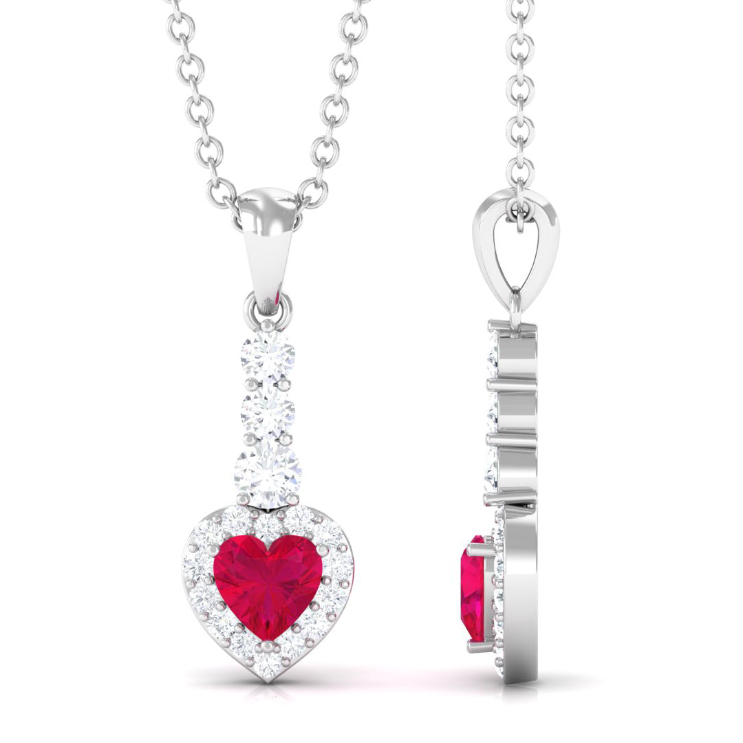 Heart Shape Ruby Drop Pendant with Diamond Ruby - ( AAA ) - Quality - Rosec Jewels