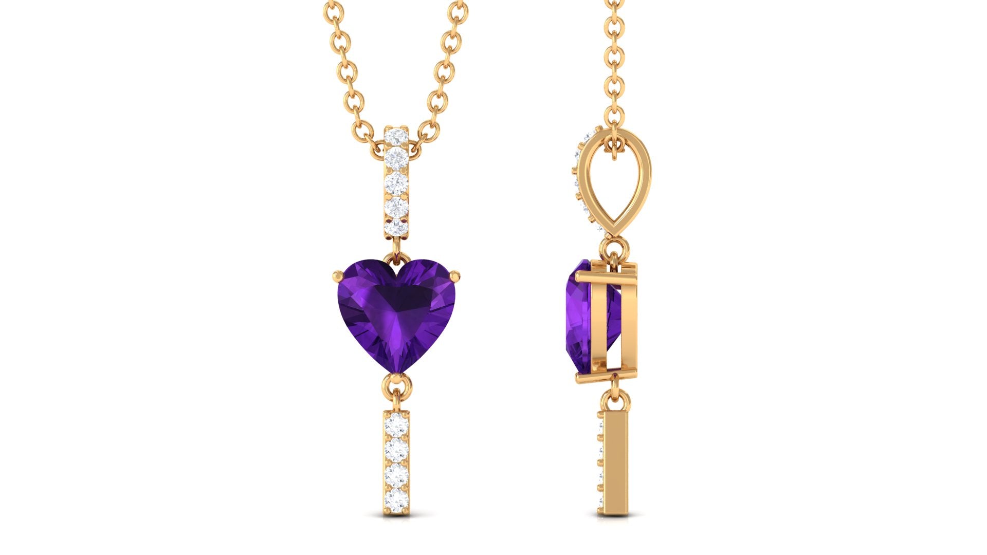 Heart Shape Amethyst and Diamond Bar Dangle Pendant Amethyst - ( AAA ) - Quality - Rosec Jewels