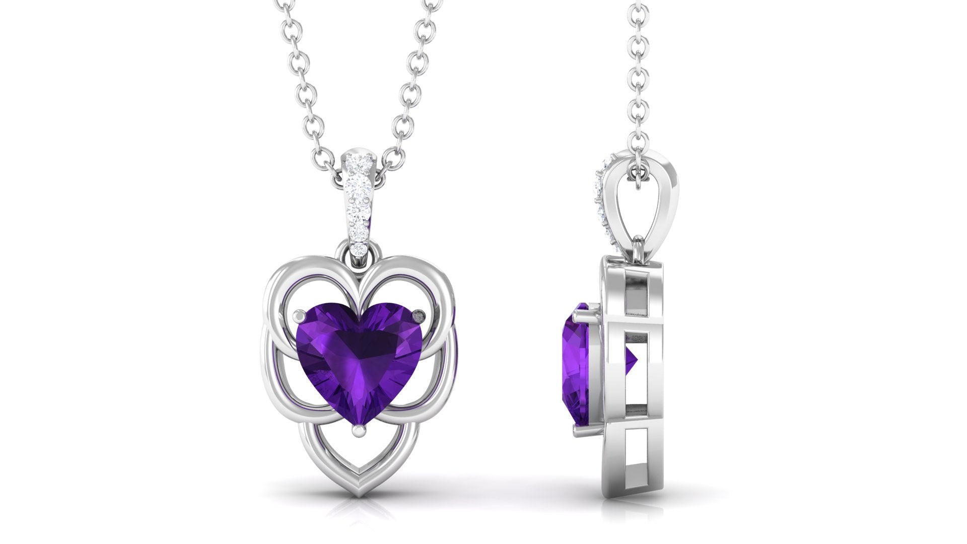 Real Amethyst Heart Pendant with Diamond Accent Bail Amethyst - ( AAA ) - Quality - Rosec Jewels