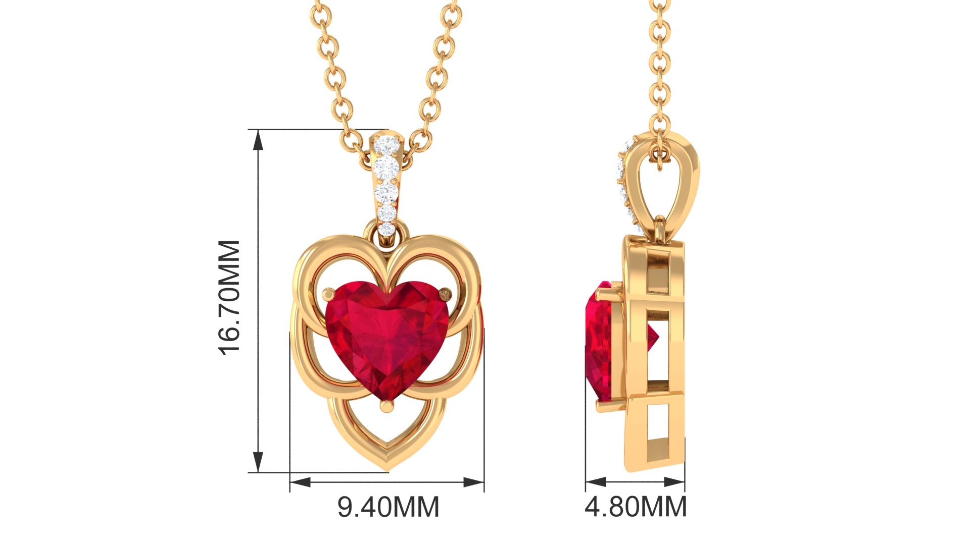 Heart Shape Created Ruby Leaf Pendant with Diamond Accent Bail Lab Created Ruby - ( AAAA ) - Quality - Rosec Jewels