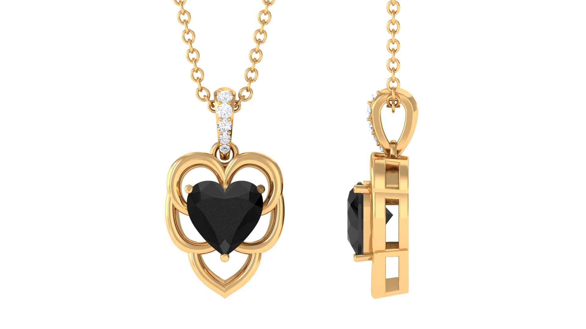 Heart Shape Black Onyx Solitaire Pendant Necklace with Diamond Black Onyx - ( AAA ) - Quality - Rosec Jewels