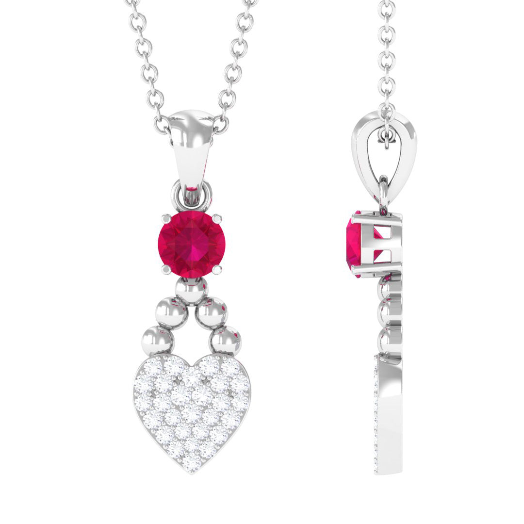 Round Shape Ruby and Diamond Heart Pendant Ruby - ( AAA ) - Quality - Rosec Jewels