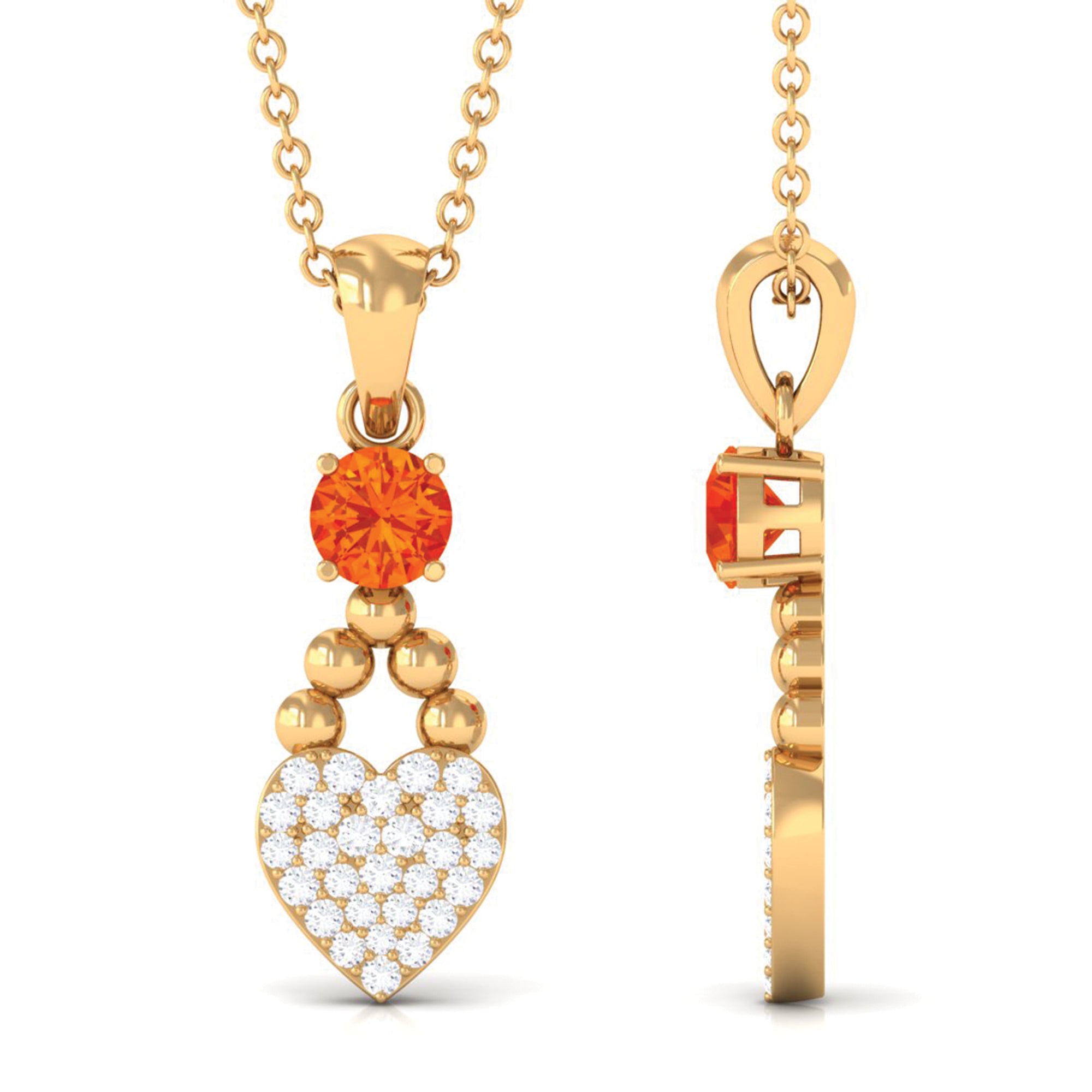 Round Orange Sapphire and Diamond Heart Drop Pendant Orange Sapphire - ( AAA ) - Quality - Rosec Jewels