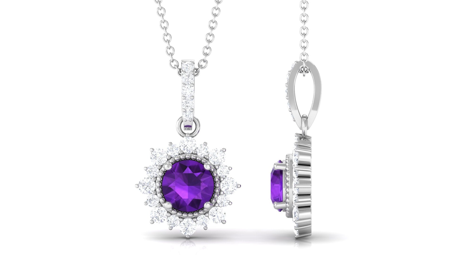 Round Amethyst Halo Pendant with Diamond Accent Bail Amethyst - ( AAA ) - Quality - Rosec Jewels