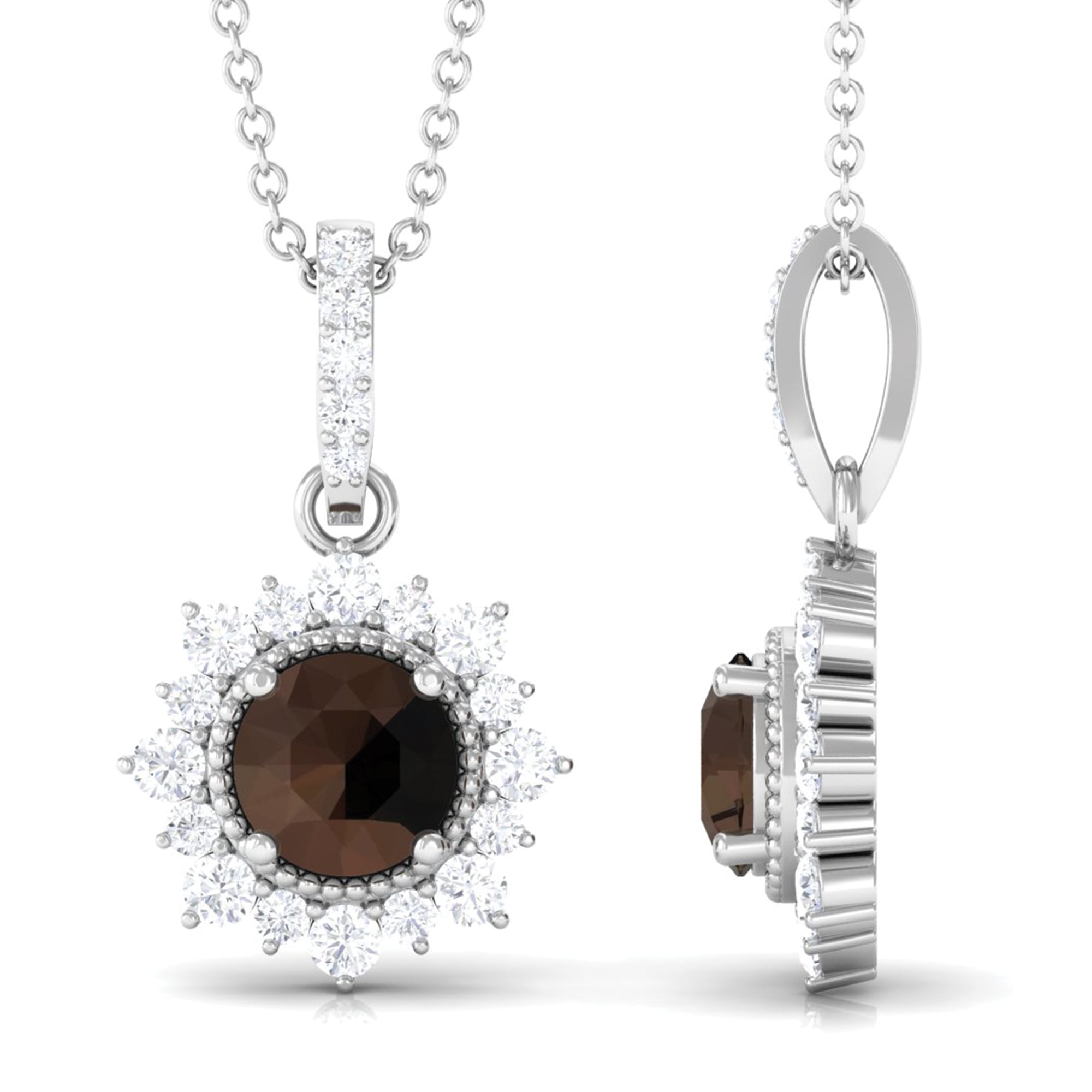 Smoky Quartz Halo Pendant with Diamond Smoky Quartz - ( AAA ) - Quality - Rosec Jewels