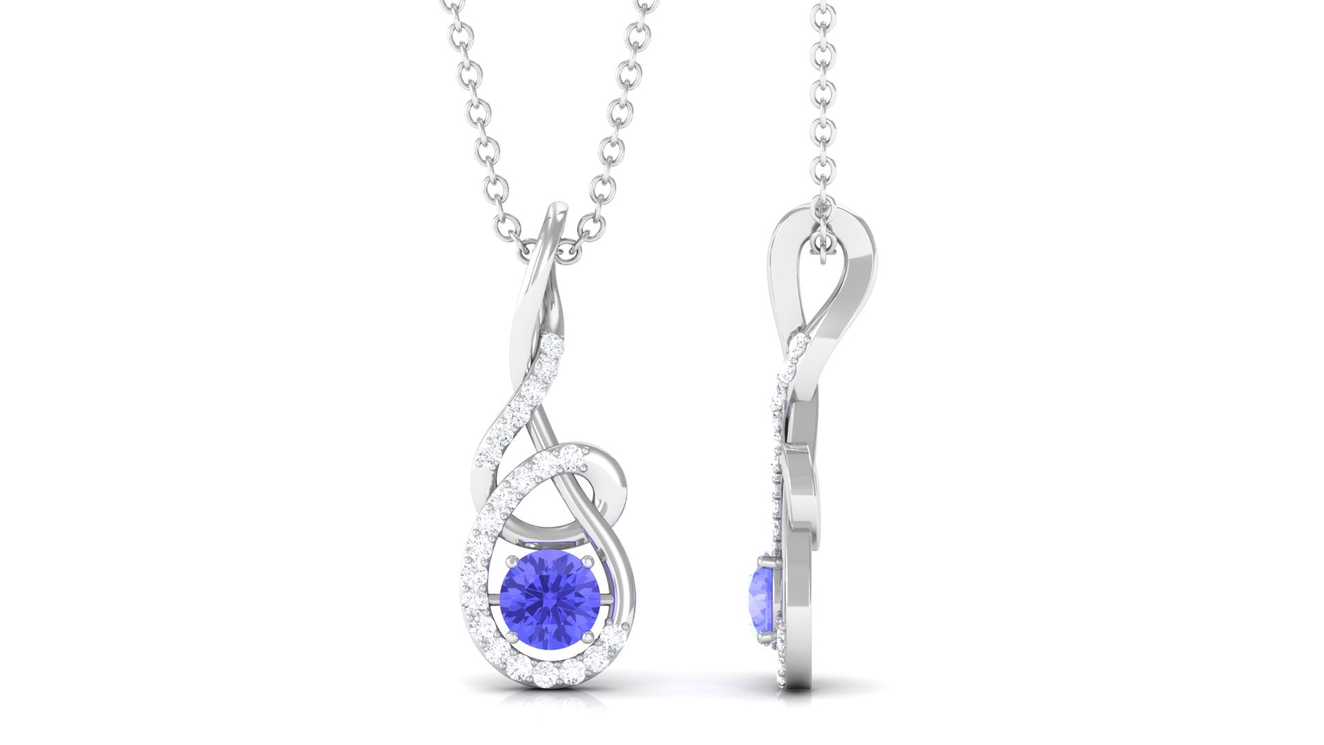 Round Tanzanite and Diamond Twisted Pendant Necklace Tanzanite - ( AAA ) - Quality - Rosec Jewels