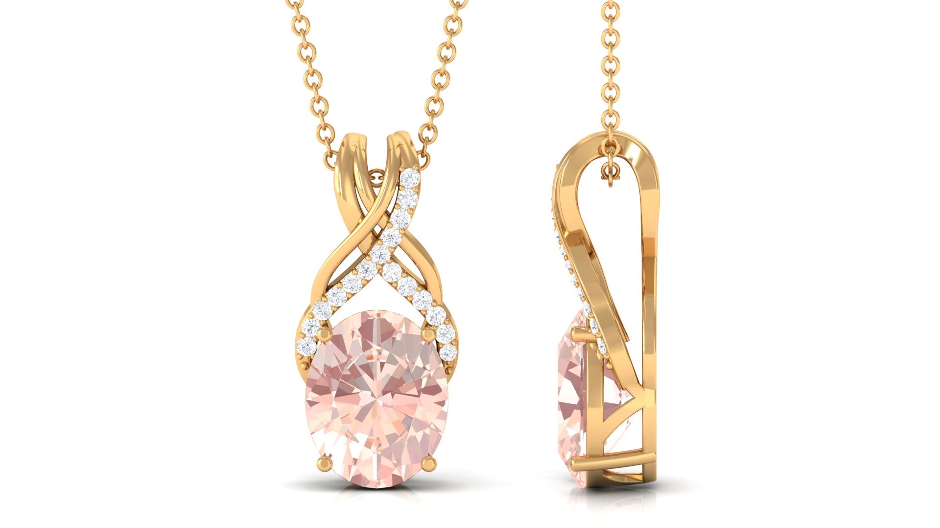 Oval Morganite Solitaire Pendant Necklace with Diamond Morganite - ( AAA ) - Quality - Rosec Jewels