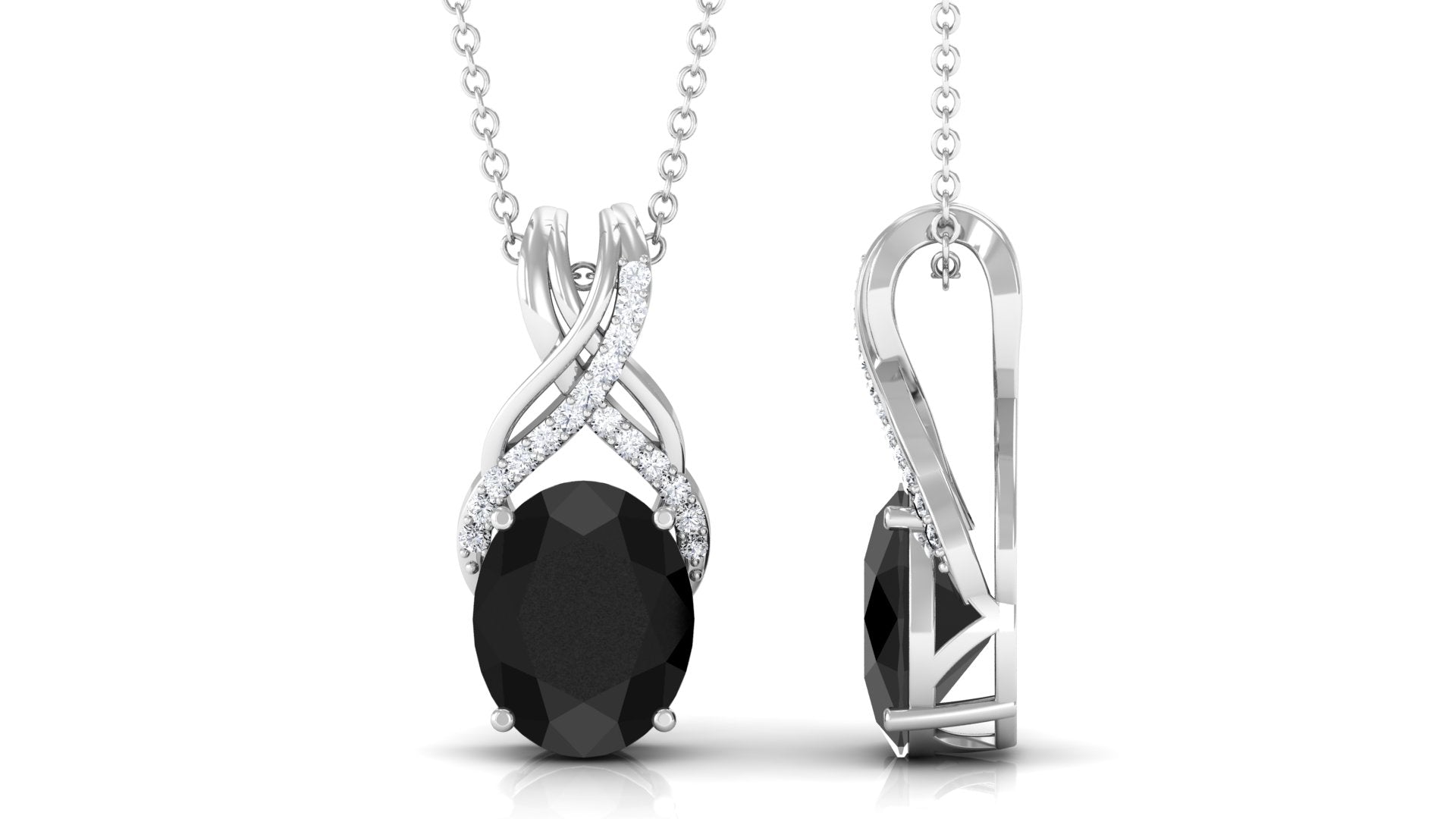 Designer Oval Black Spinel Solitaire Pendant with Diamond Twisted Bail Black Spinel - ( AAA ) - Quality - Rosec Jewels