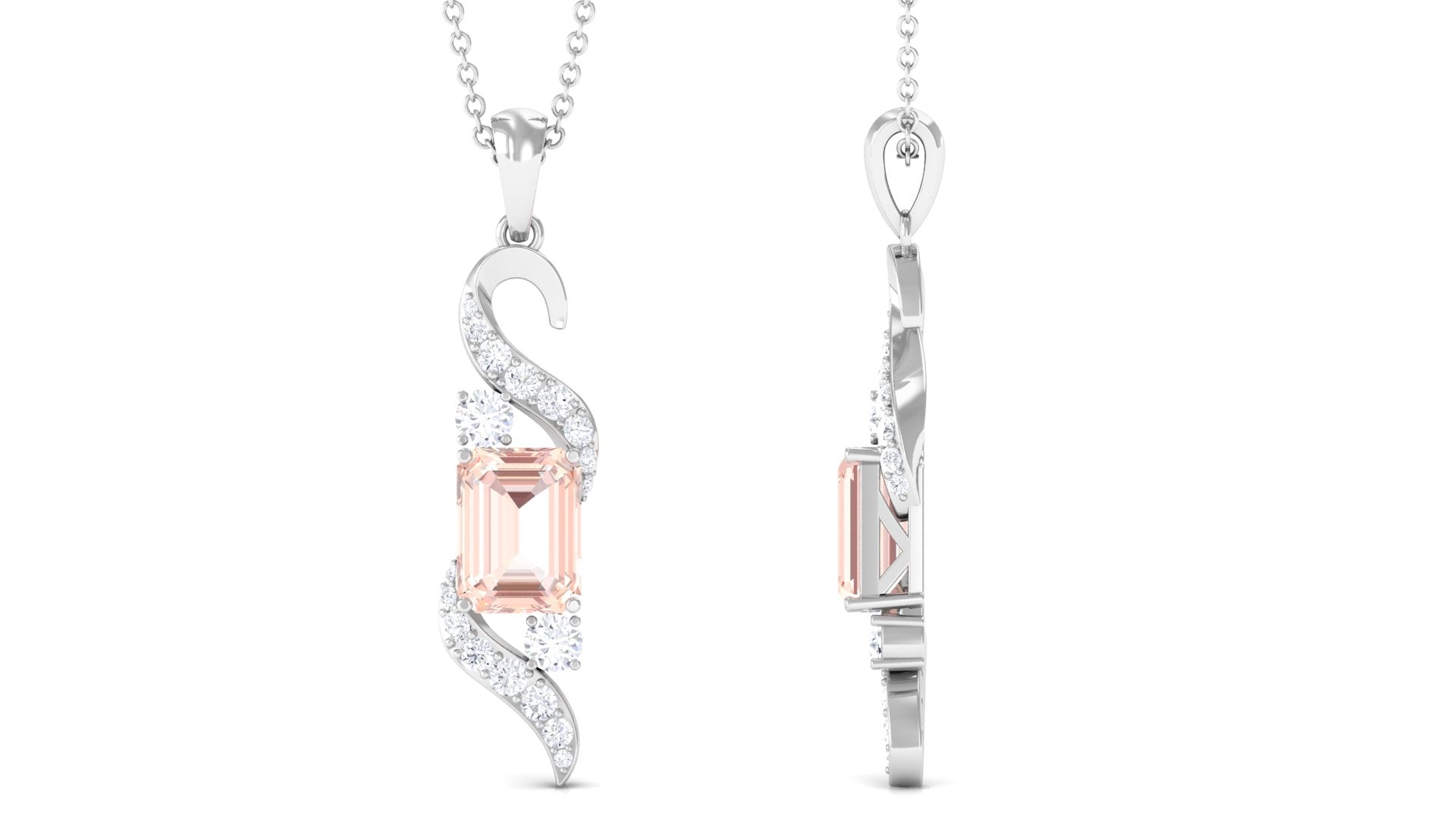 Emerald Cut Morganite and Diamond Drop Pendant Necklace Morganite - ( AAA ) - Quality - Rosec Jewels