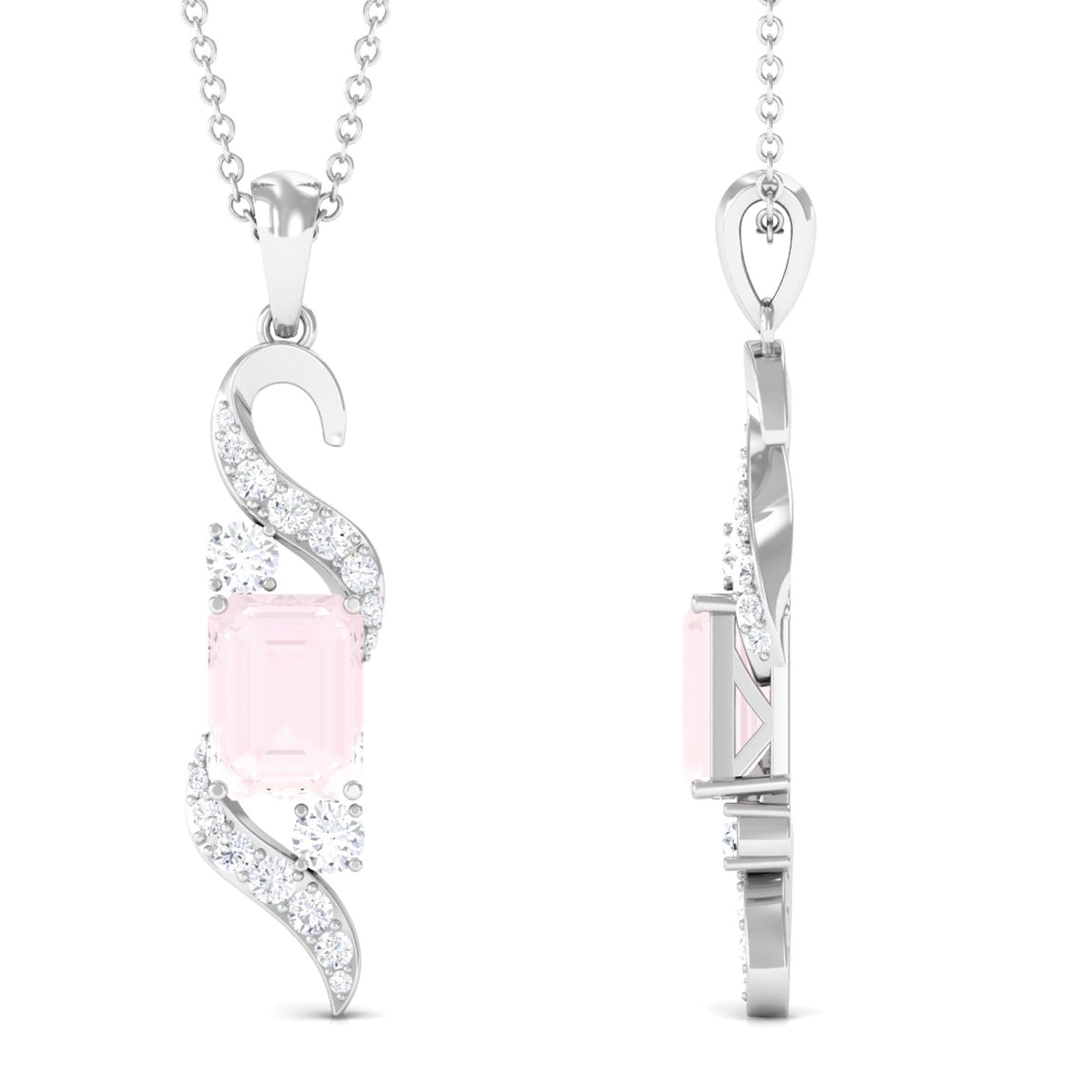 Emerald Cut Rose Quartz Drop Pendant with Diamond Rose Quartz - ( AAA ) - Quality - Rosec Jewels