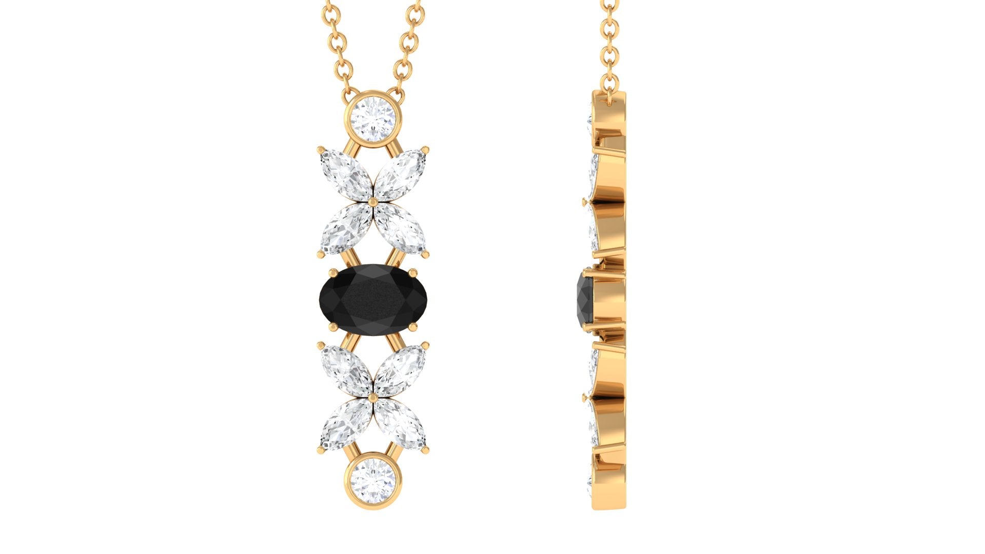 Oval Black Onyx and Moissanite Flower Dangle Necklace Black Onyx - ( AAA ) - Quality - Rosec Jewels