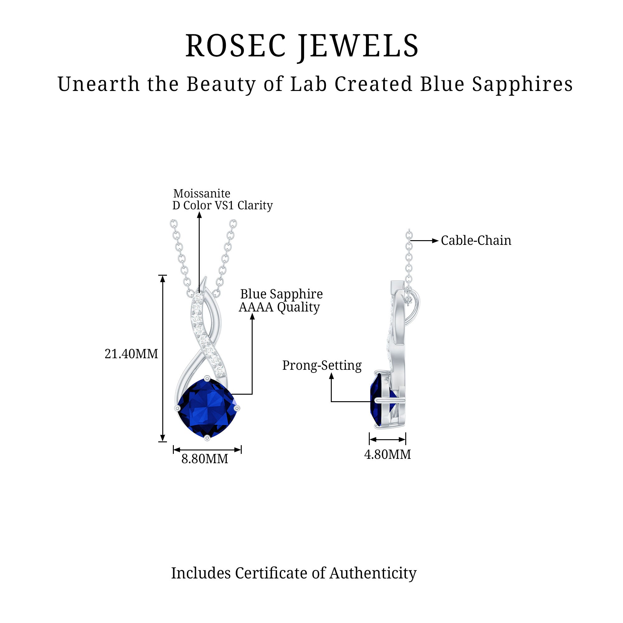 Cushion Cut Created Blue Sapphire Solitaire Infinity Pendant with Moissanite Lab Created Blue Sapphire - ( AAAA ) - Quality - Rosec Jewels