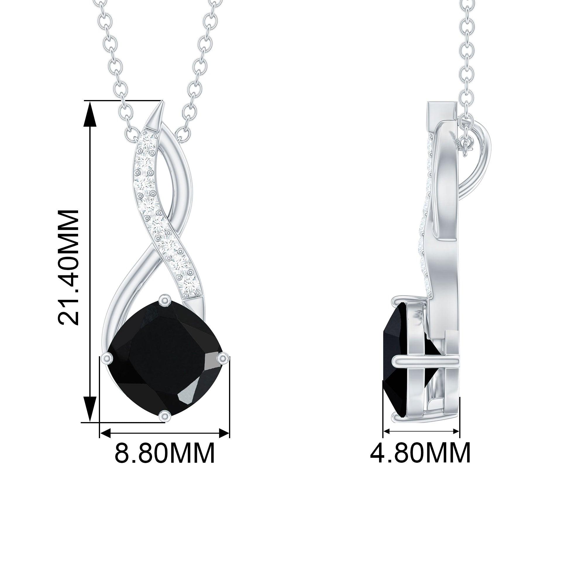 Cushion Cut Created Black Diamond Solitaire Infinity Pendant with Diamond Lab Created Black Diamond - ( AAAA ) - Quality - Rosec Jewels