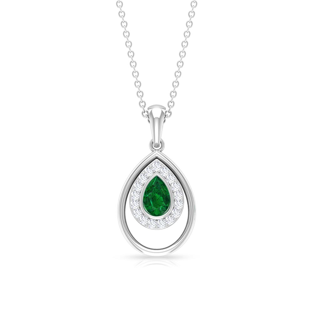 Minimal Emerald Teardrop Pendant with Diamond Halo Emerald - ( AAA ) - Quality - Rosec Jewels