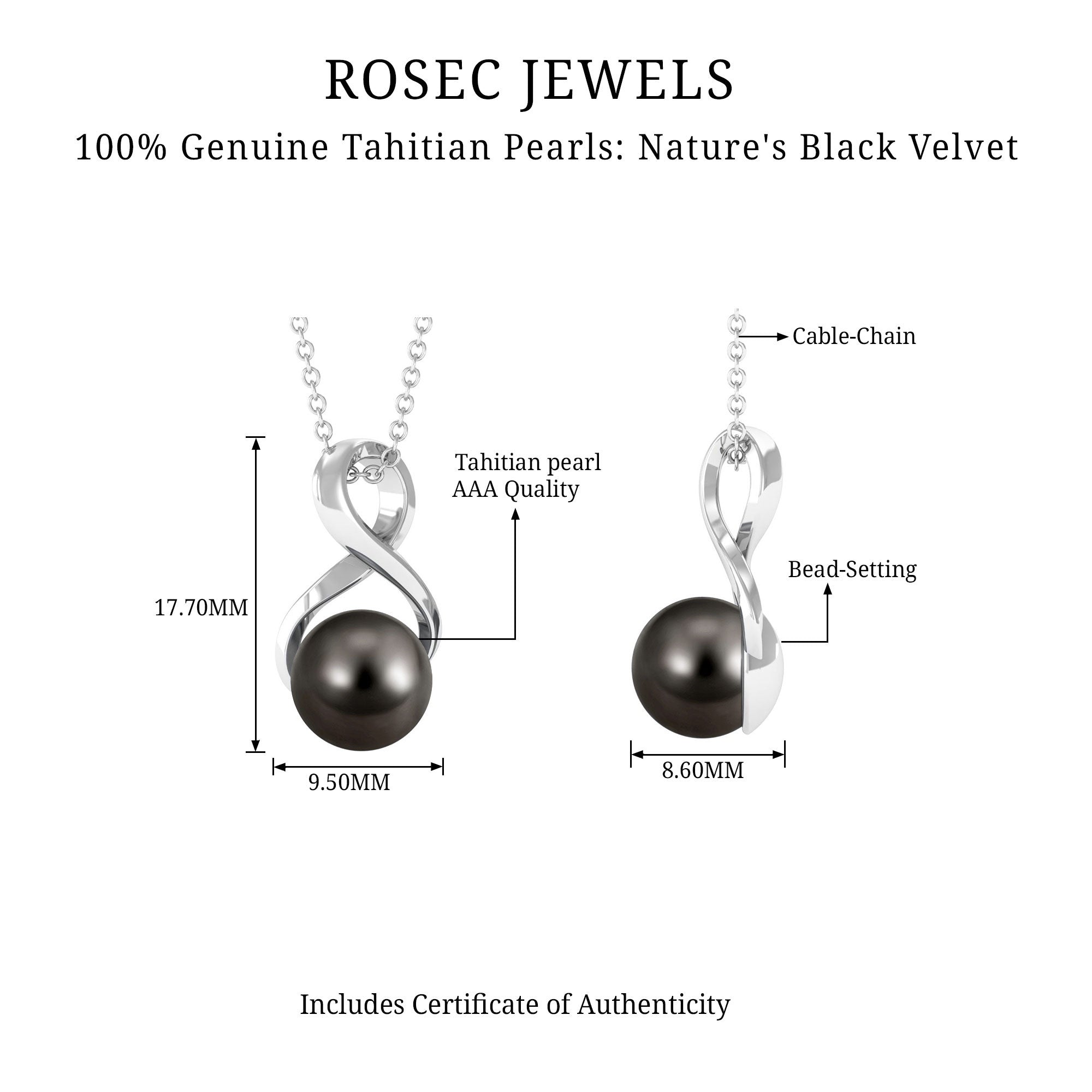 Simple Solitaire Tahitian Pearl Infinity Pendant Tahitian pearl - ( AAA ) - Quality - Rosec Jewels