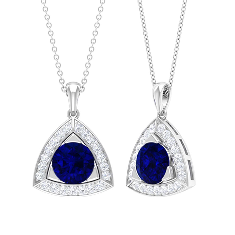 Created Blue Sapphire Triangle Shape Pendant with Diamond Halo Lab Created Blue Sapphire - ( AAAA ) - Quality - Rosec Jewels