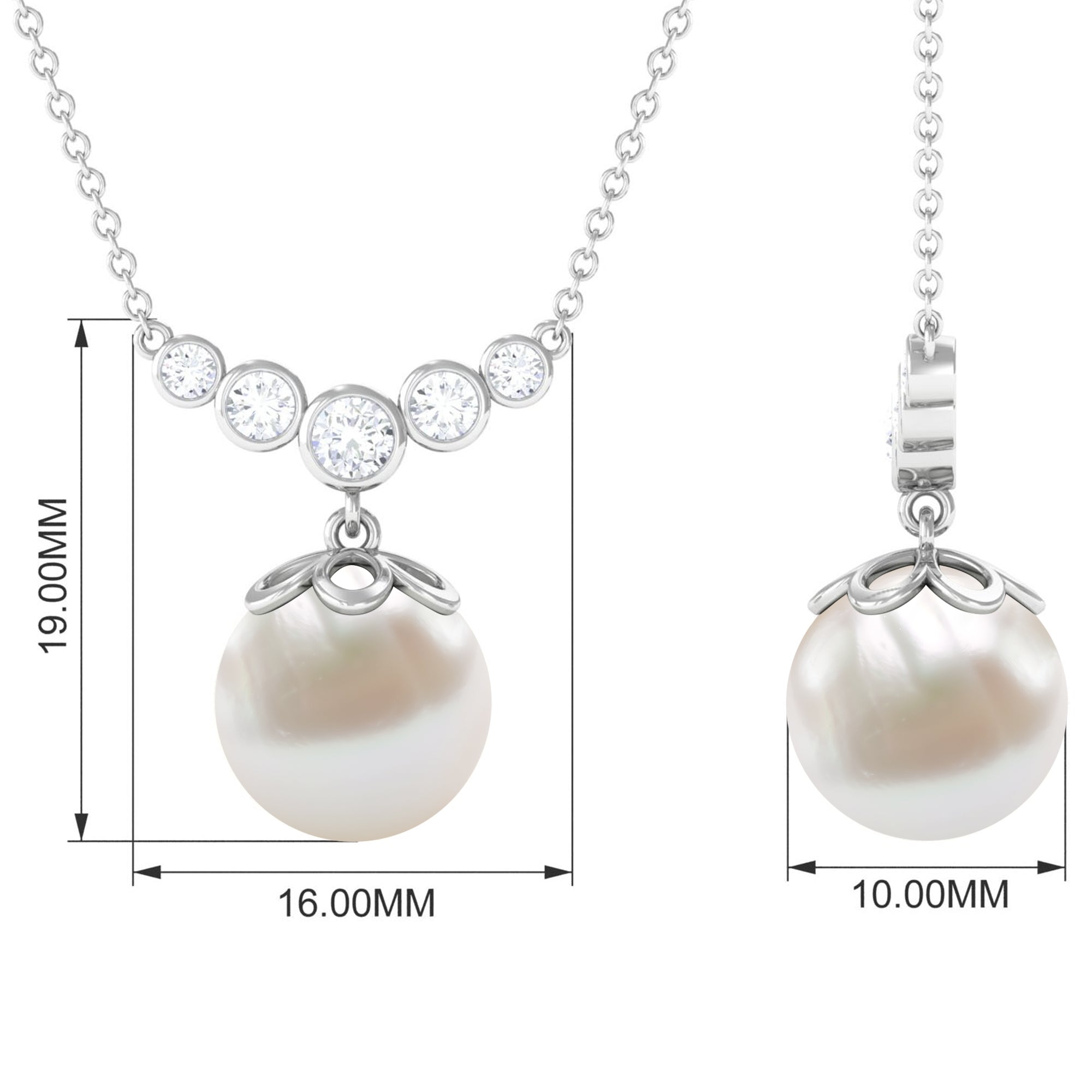 Round Freshwater Pearl Designer Necklace with Bezel Set Diamond Freshwater Pearl - ( AAA ) - Quality - Rosec Jewels