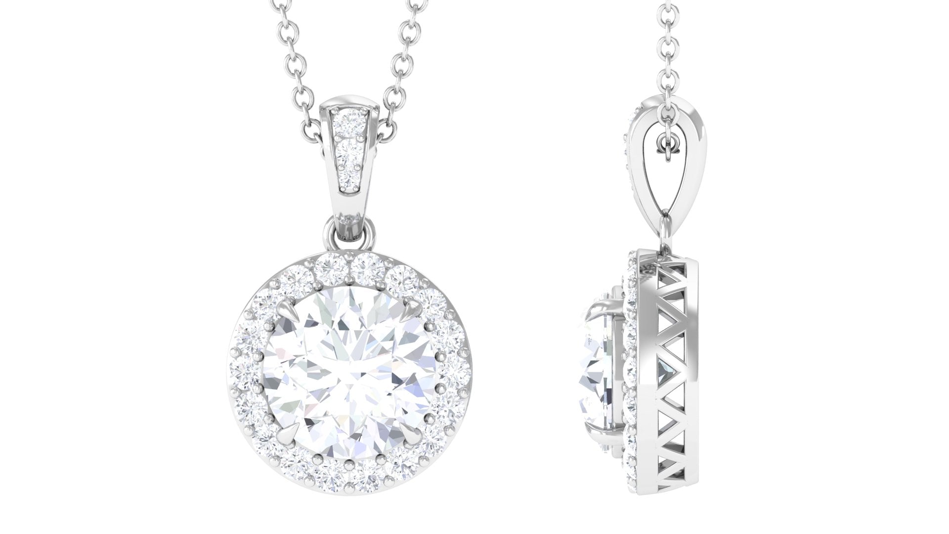 Round Cubic Zirconia Classic Halo Pendant Zircon - ( AAAA ) - Quality - Rosec Jewels