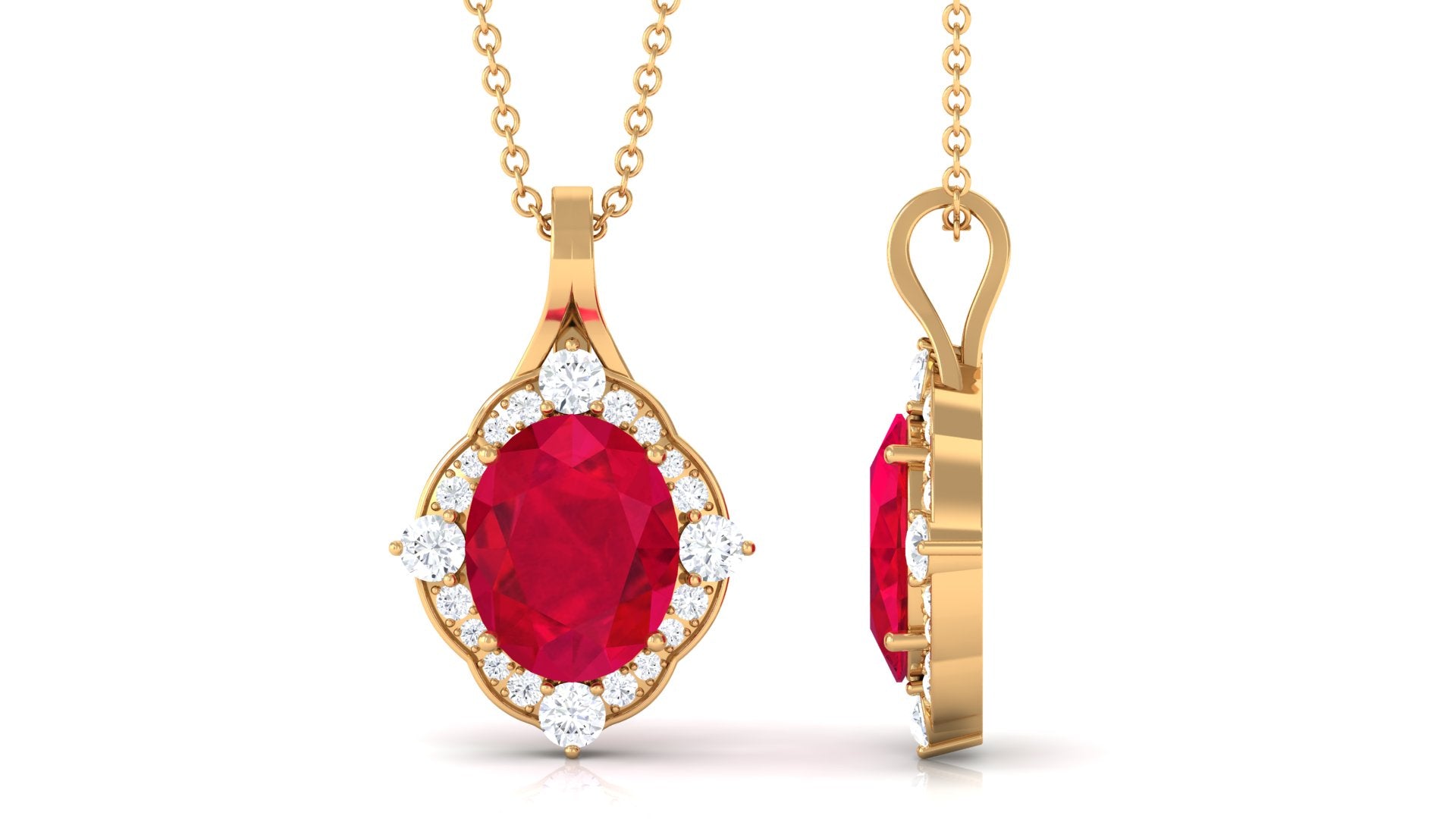 Vintage Inspired Oval Created Ruby and Diamond Halo Pendant Lab Created Ruby - ( AAAA ) - Quality - Rosec Jewels