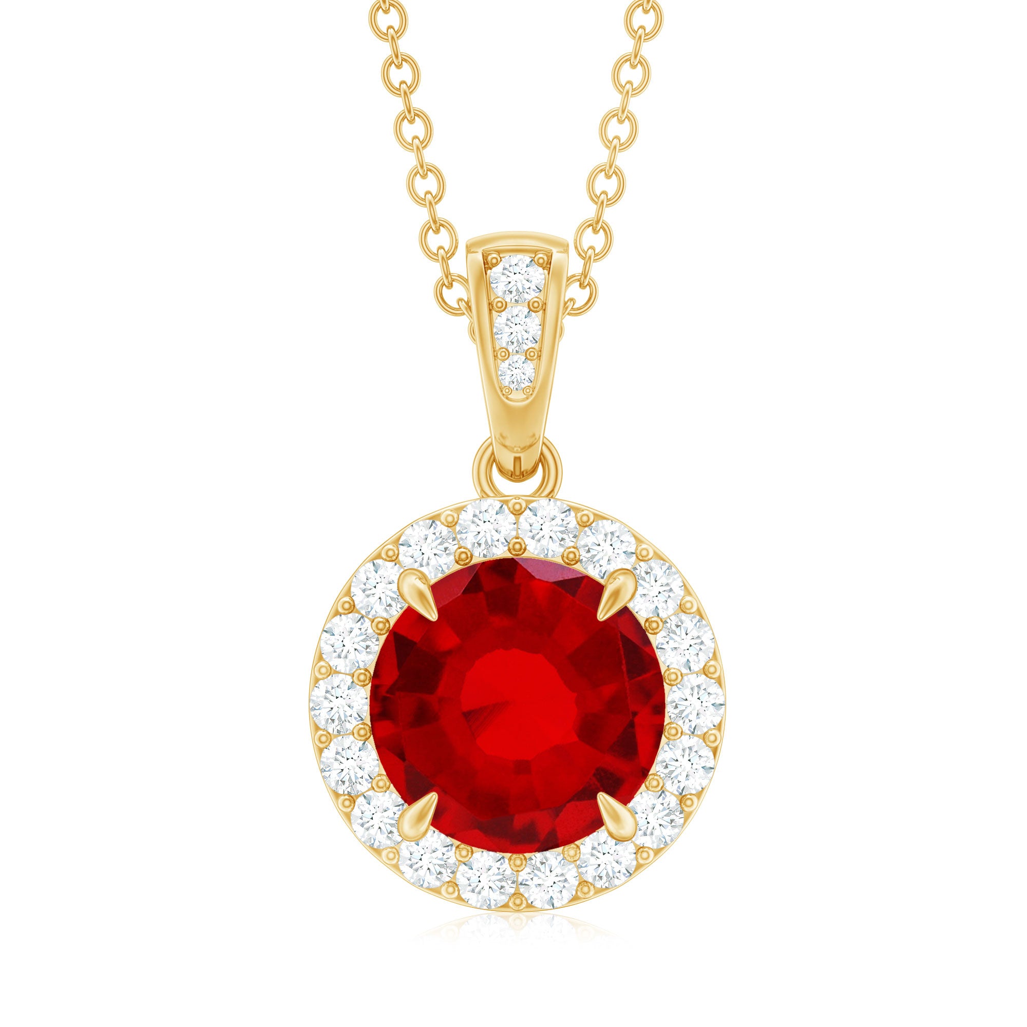 Round Created Ruby and Diamond Classic Halo Pendant Lab Created Ruby - ( AAAA ) - Quality - Rosec Jewels