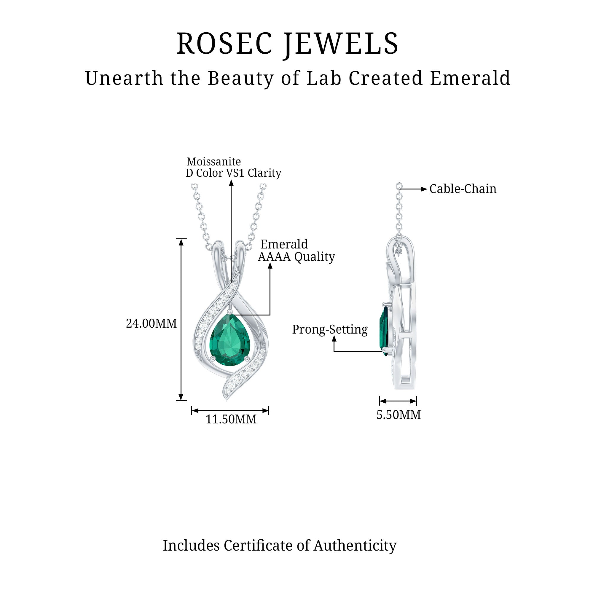 Pear Cut Created Emerald Teardrop Pendant with Moissanite Accent Lab Created Emerald - ( AAAA ) - Quality - Rosec Jewels