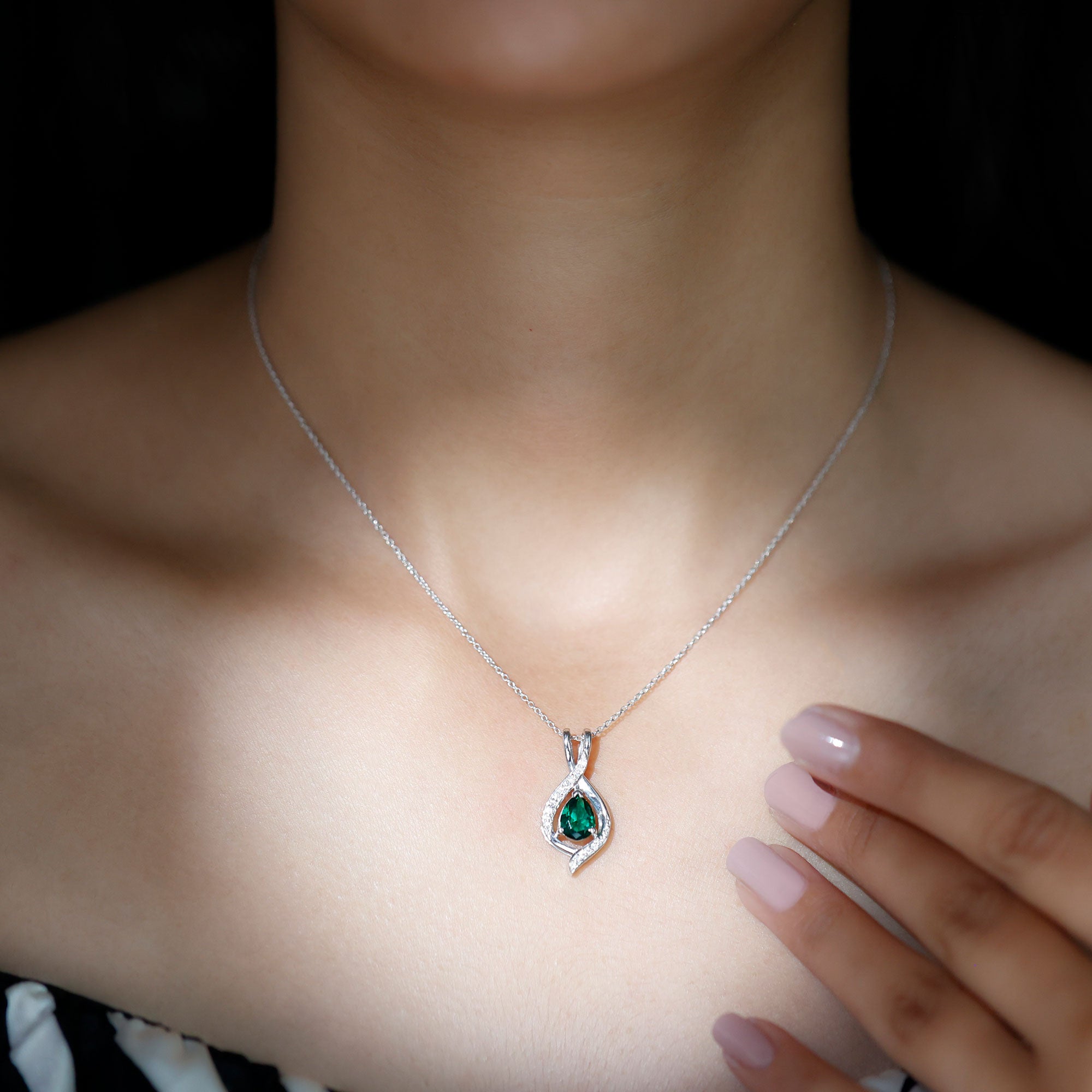 Pear Cut Created Emerald Teardrop Pendant with Moissanite Accent Lab Created Emerald - ( AAAA ) - Quality - Rosec Jewels