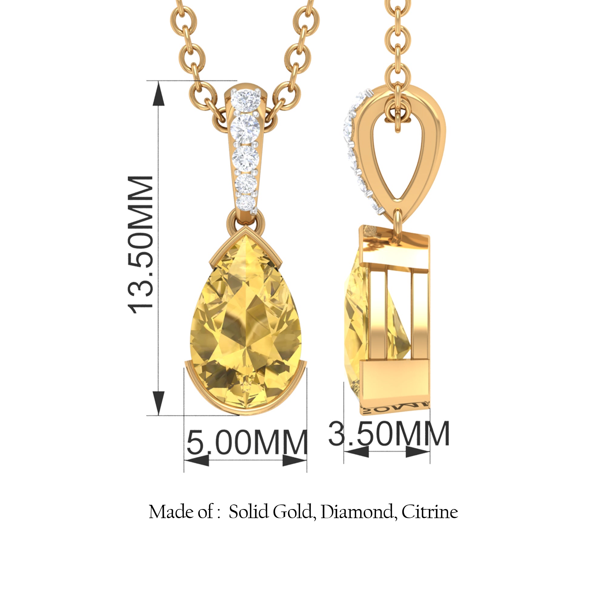 Pear Shape Citrine Solitaire Pendant with Diamond Accent Bail Citrine - ( AAA ) - Quality - Rosec Jewels