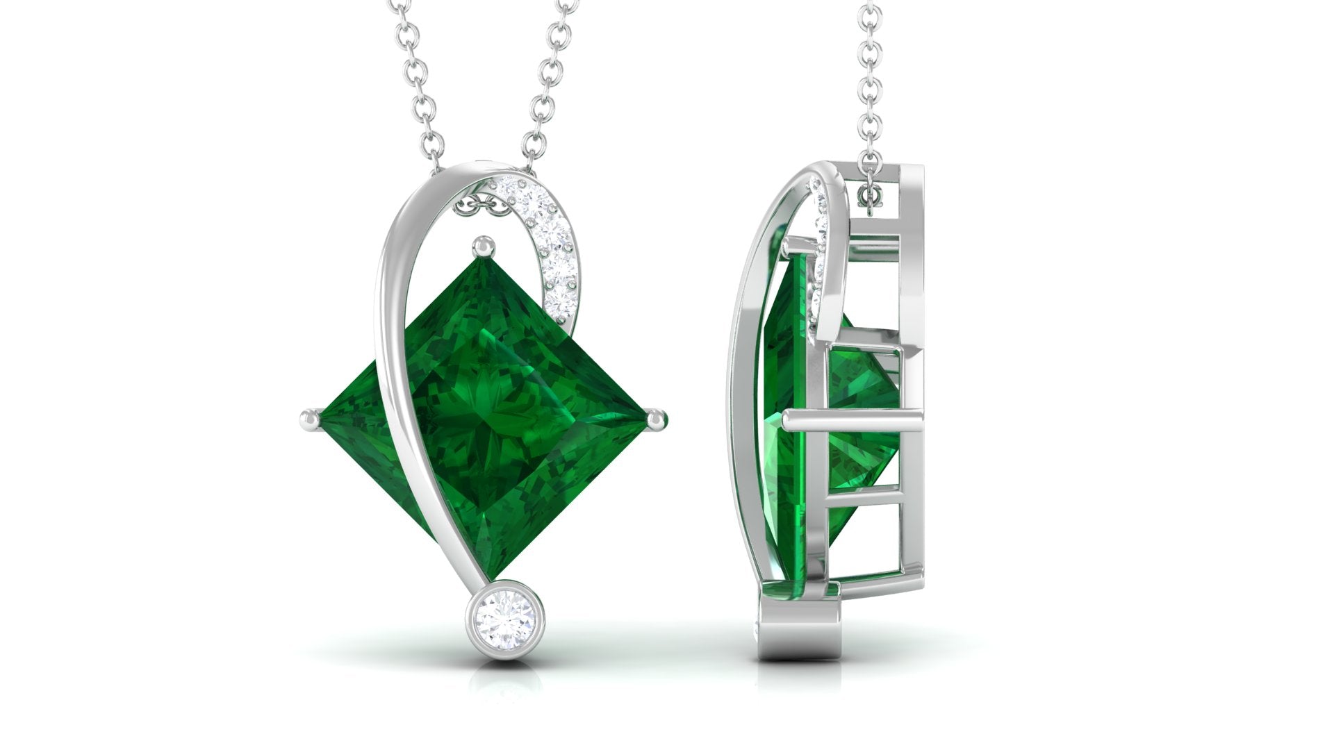 Certified Created Emerald Princess Cut Solitaire Diagonal Pendant with Diamond Lab Created Emerald - ( AAAA ) - Quality - Rosec Jewels