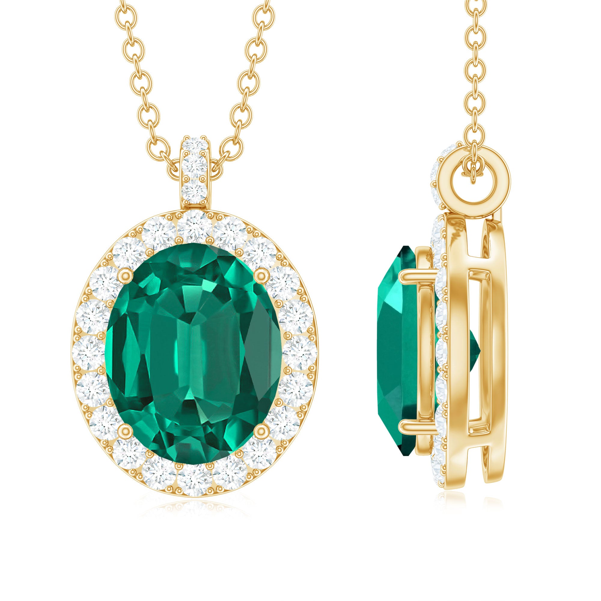 Oval Created Emerald Halo Pendant with Diamond Accent Bail Lab Created Emerald - ( AAAA ) - Quality - Rosec Jewels