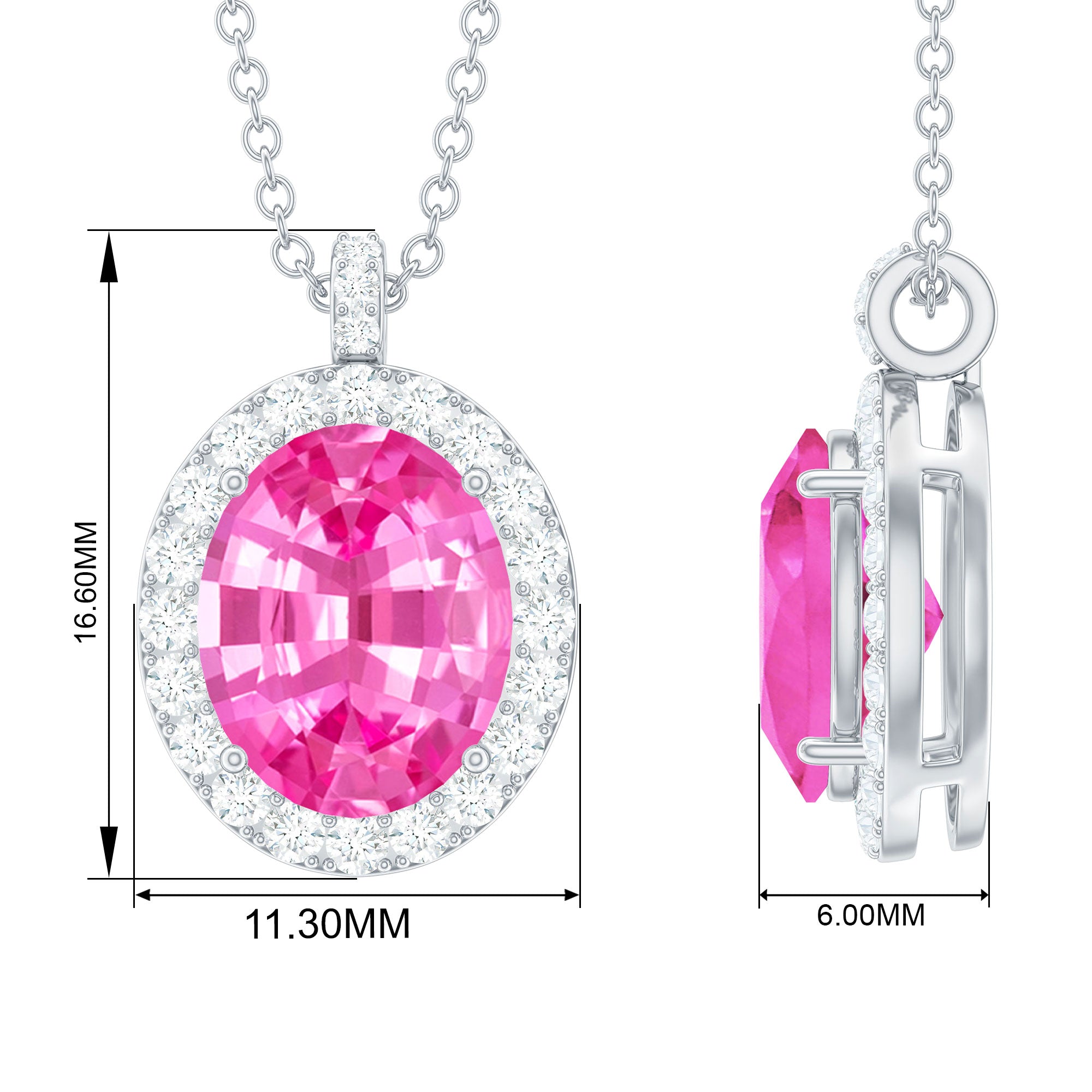 Oval Created Pink Sapphire Halo Pendant with Diamond Lab Created Pink Sapphire - ( AAAA ) - Quality - Rosec Jewels