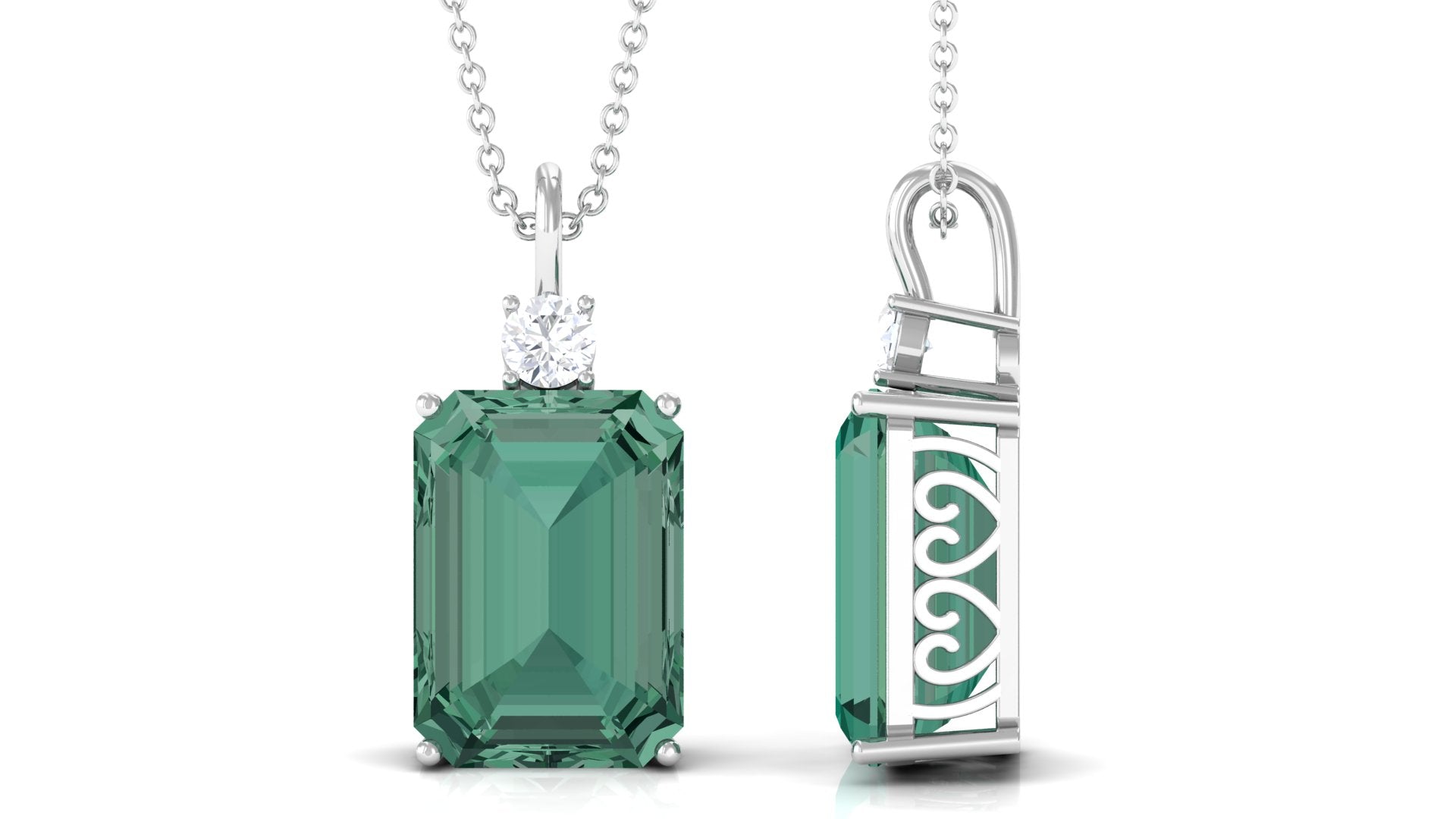 Emerald Cut Solitaire Created Green Sapphire Pendant with Moissanite Lab Created Green Sapphire - ( AAAA ) - Quality - Rosec Jewels