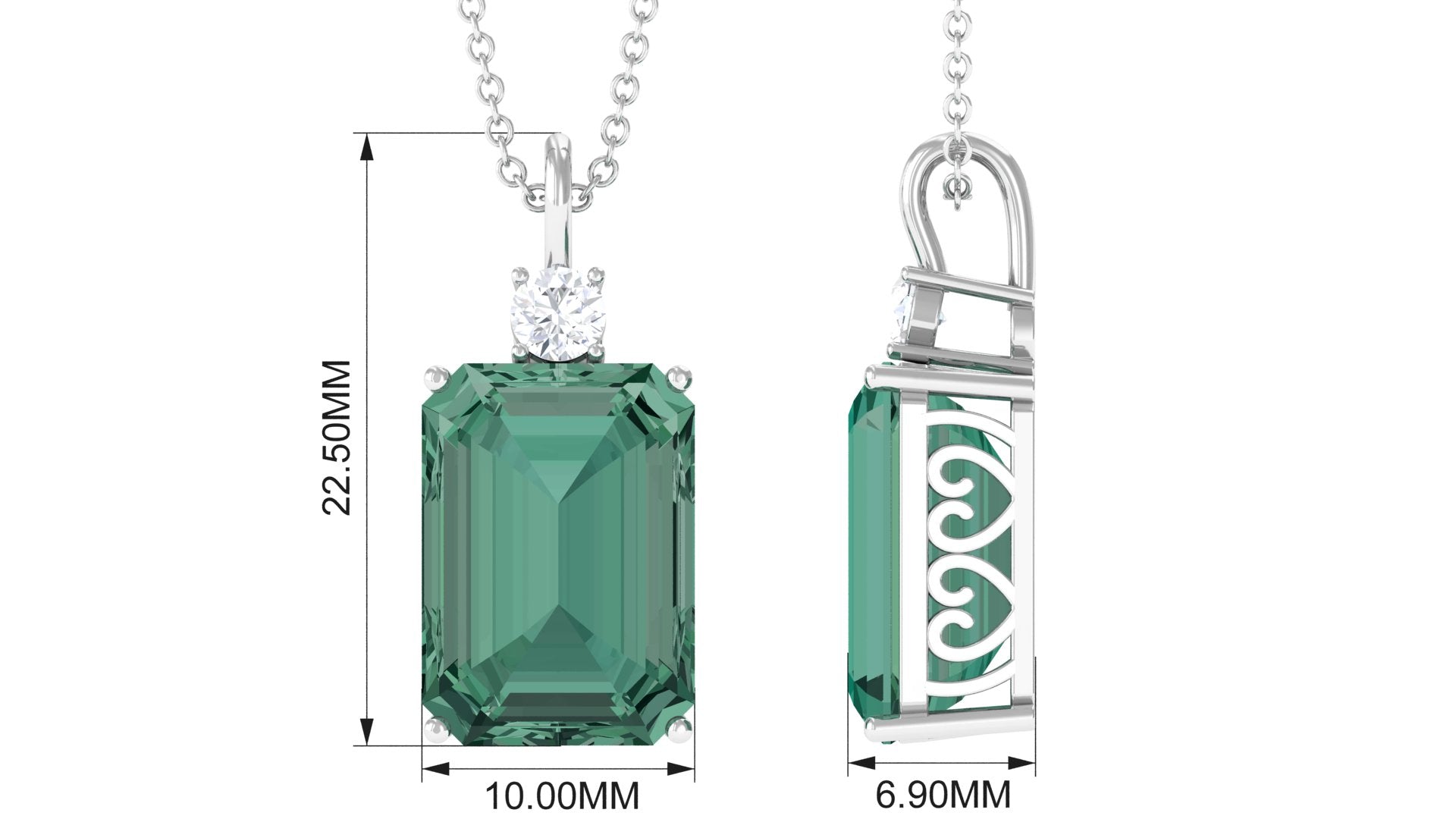 Emerald Cut Solitaire Created Green Sapphire Pendant with Moissanite Lab Created Green Sapphire - ( AAAA ) - Quality - Rosec Jewels