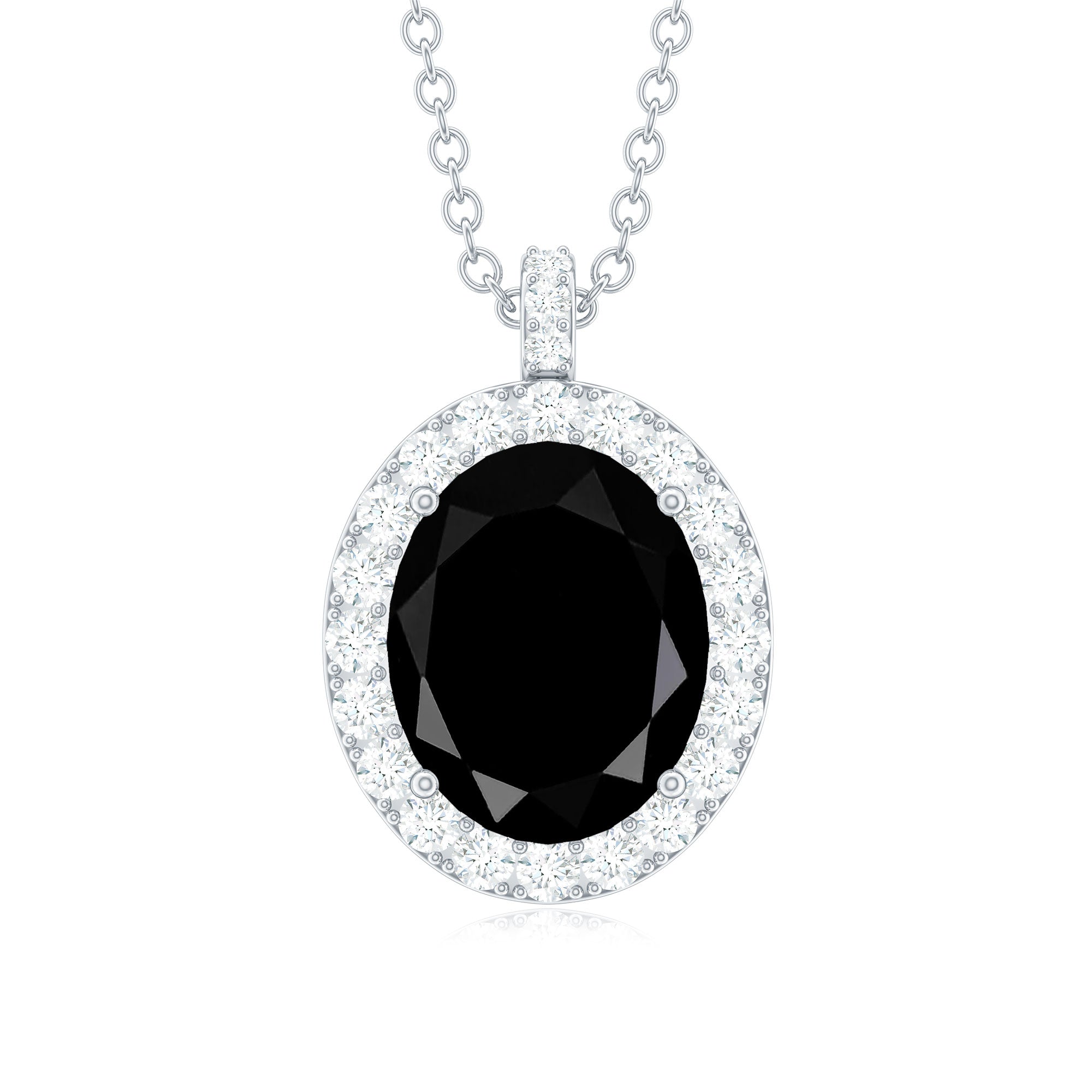 Lab Grown Black Diamond and Diamond Halo Pendant Necklace Lab Created Black Diamond - ( AAAA ) - Quality - Rosec Jewels