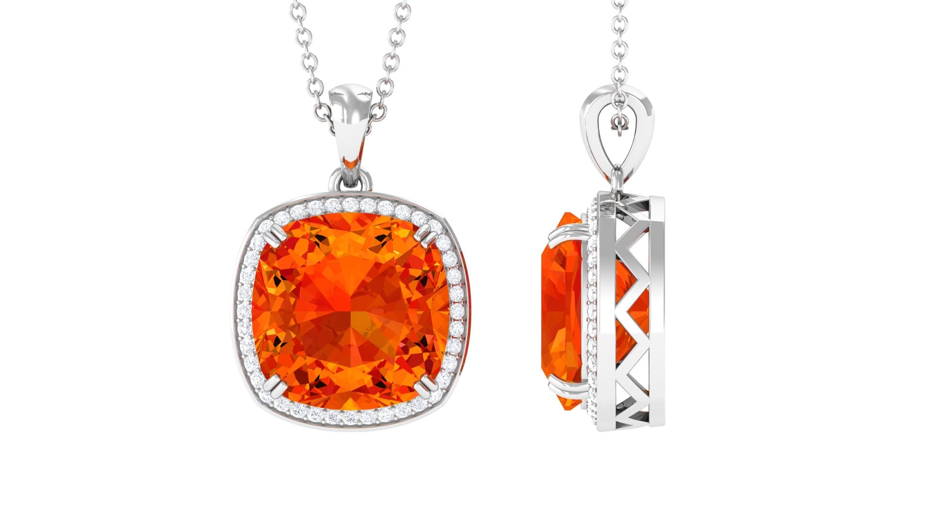 Created Orange Sapphire and Moissanite Halo Pendant Necklace Lab Created Orange Sapphire - ( AAAA ) - Quality - Rosec Jewels