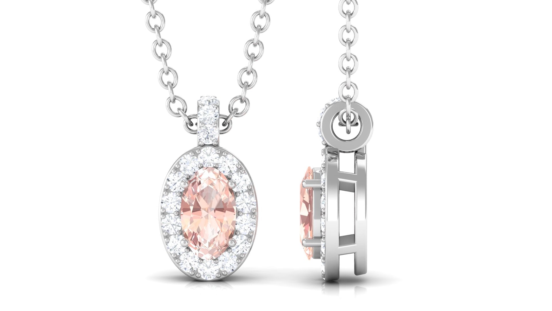 Oval Morganite Pendant Necklace with Diamond Halo Morganite - ( AAA ) - Quality - Rosec Jewels