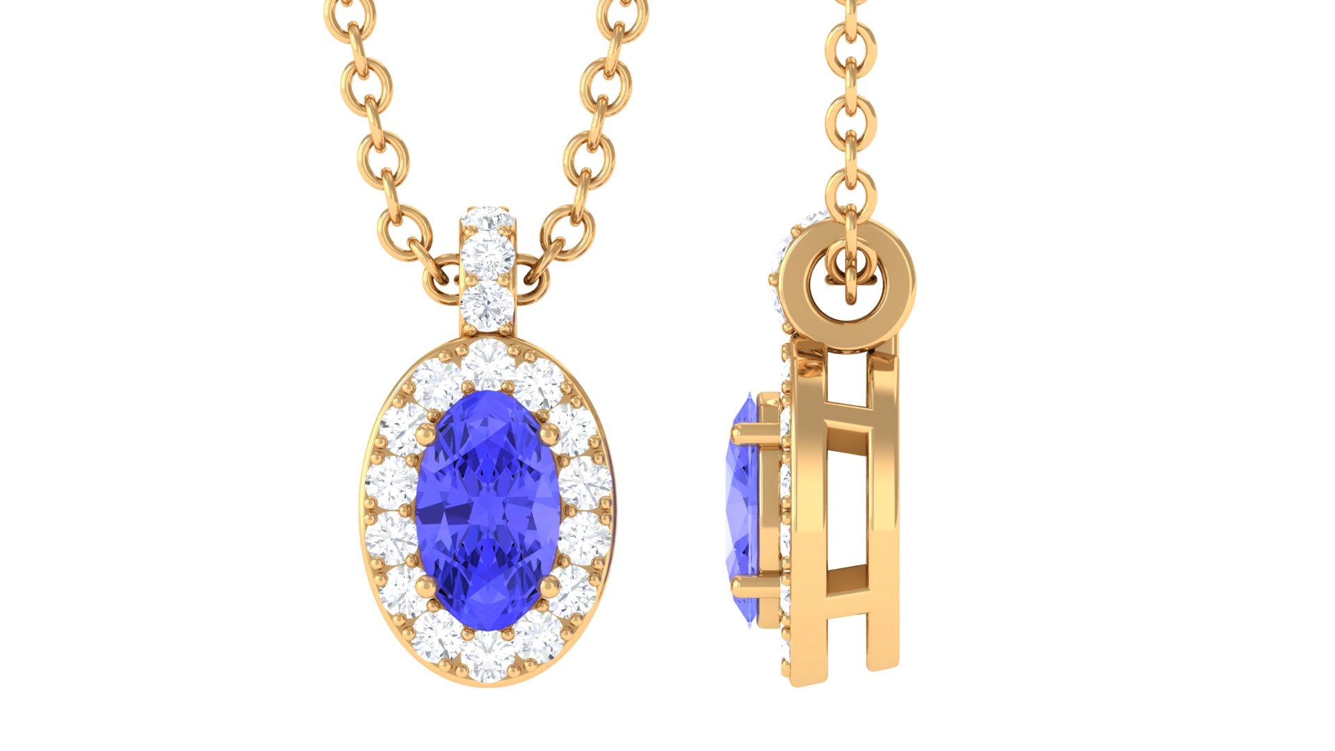 Oval Shape Tanzanite Diamond Halo Pendant Necklace Tanzanite - ( AAA ) - Quality - Rosec Jewels