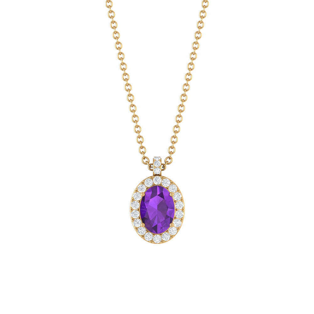 Oval Cut Amethyst and Diamond Halo Pendant Amethyst - ( AAA ) - Quality - Rosec Jewels