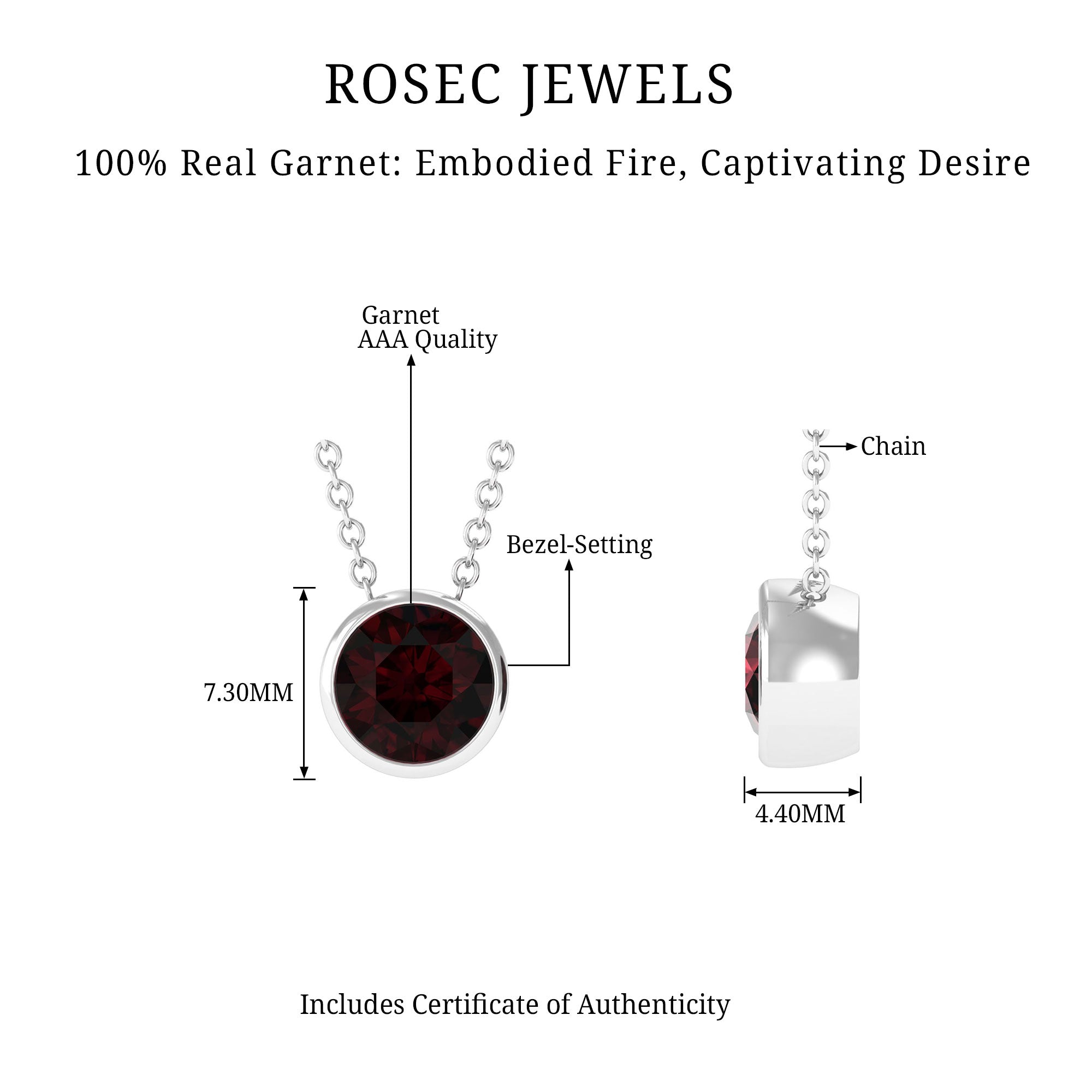 7 MM Simple Gold Solitaire Pendant Necklace with Garnet Garnet - ( AAA ) - Quality - Rosec Jewels