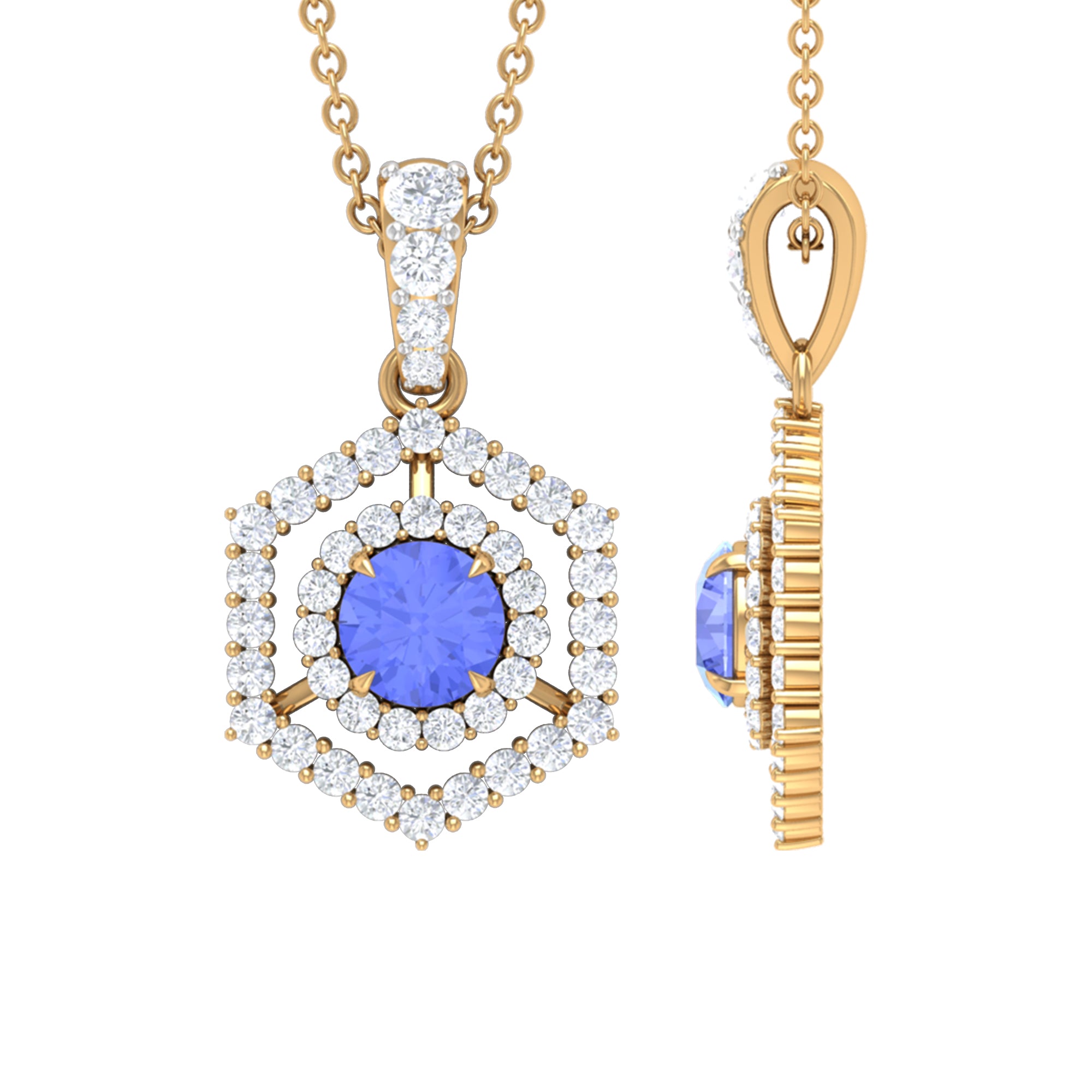 Tanzanite and Diamond Hexagon Pendant Necklace Tanzanite - ( AAA ) - Quality - Rosec Jewels