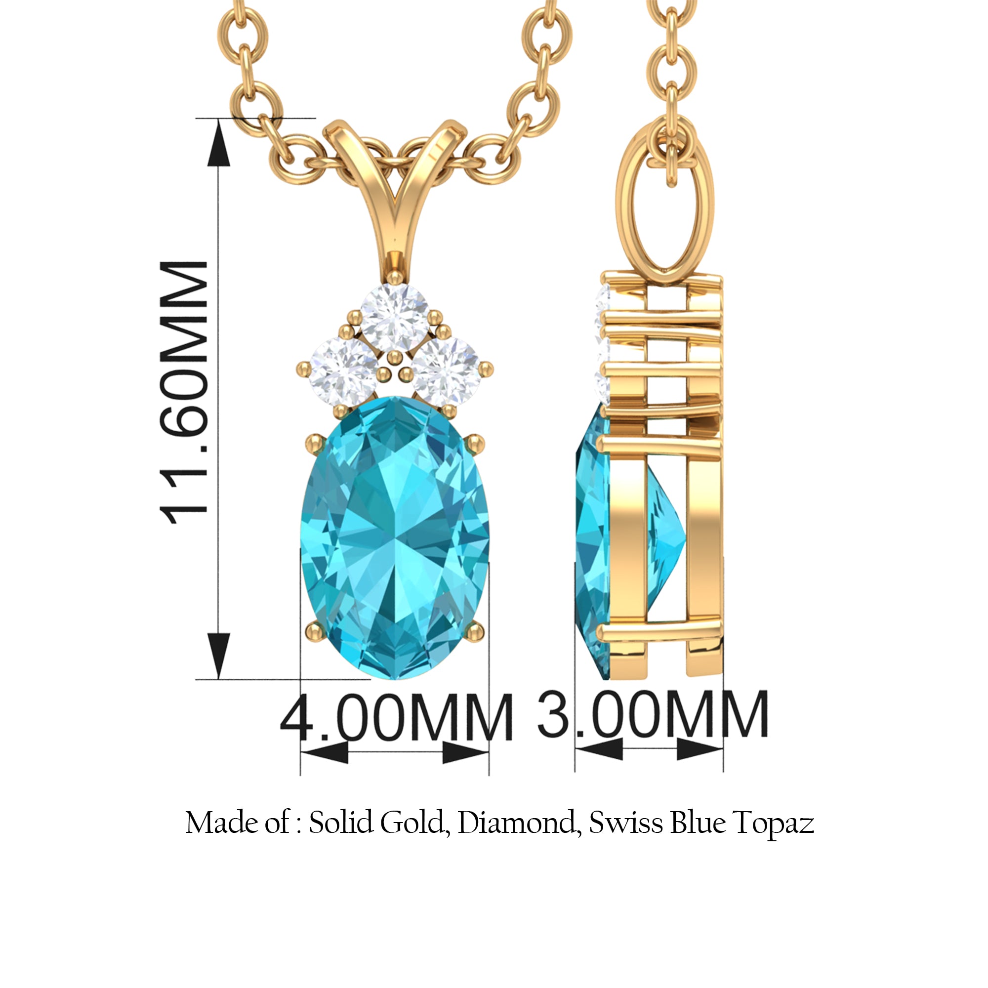 Minimal Oval Swiss Blue Topaz Pendant with Diamond Stones Swiss Blue Topaz - ( AAA ) - Quality - Rosec Jewels