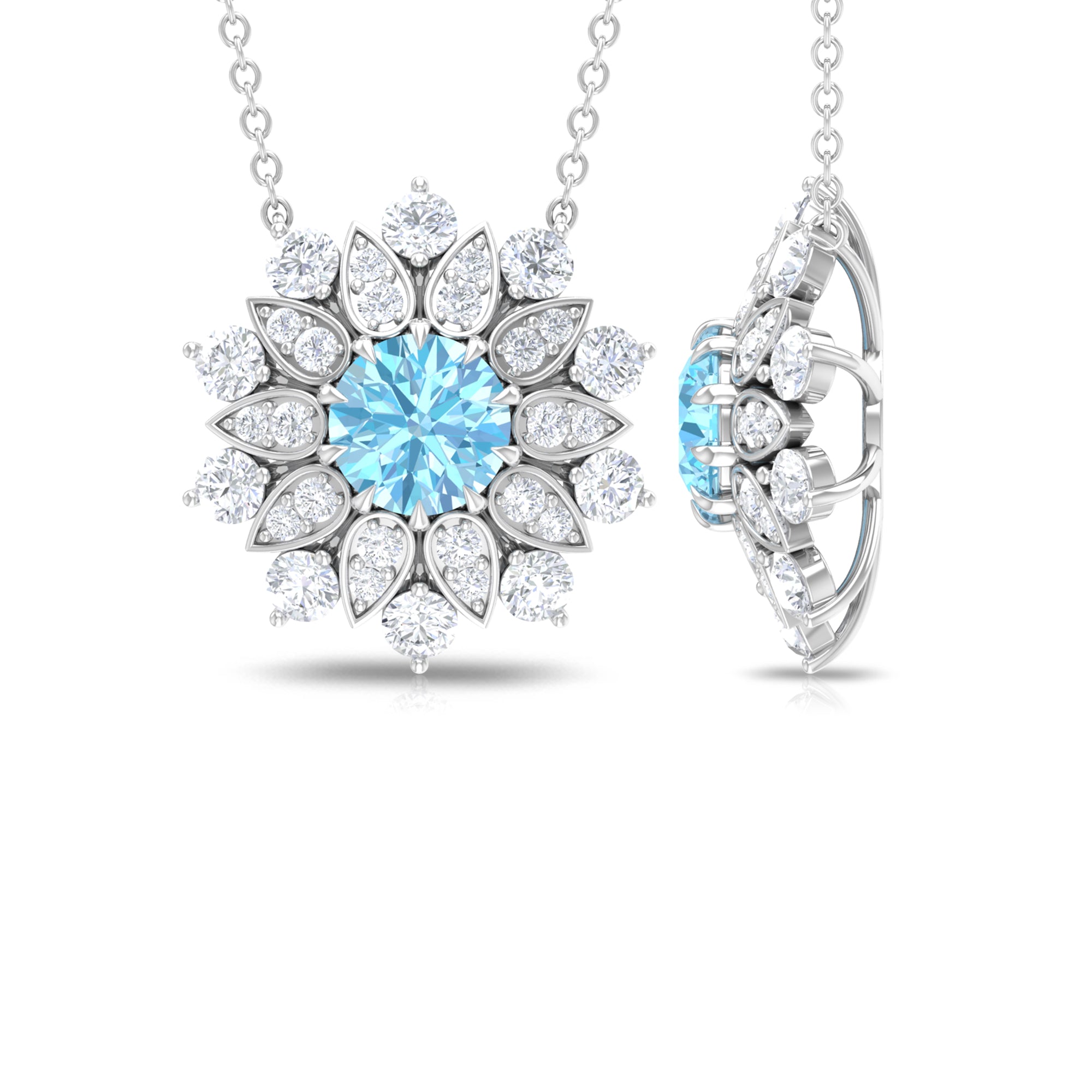 Aquamarine and Moissanite Flower Statement Necklace Aquamarine - ( AAA ) - Quality - Rosec Jewels