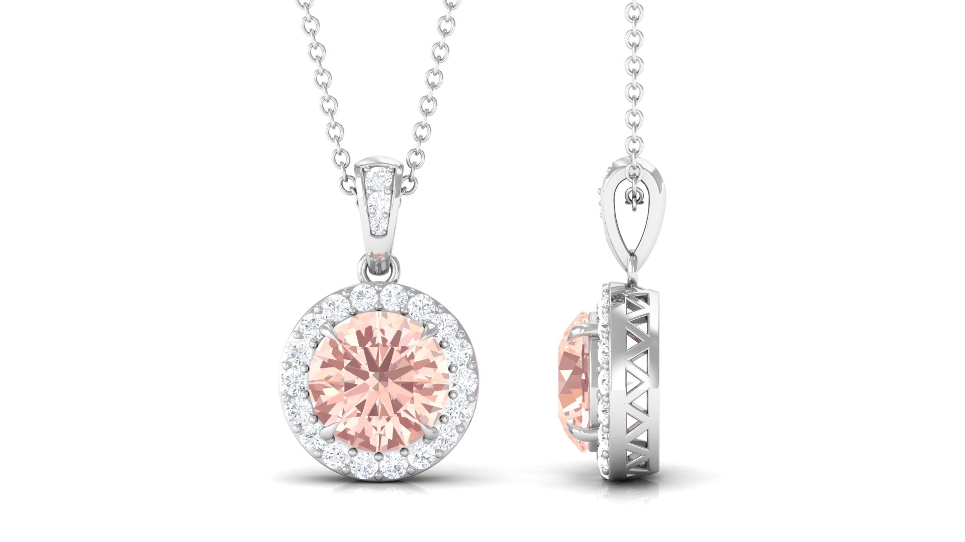 Real Morganite Pendant Necklace With Diamond Halo Morganite - ( AAA ) - Quality - Rosec Jewels