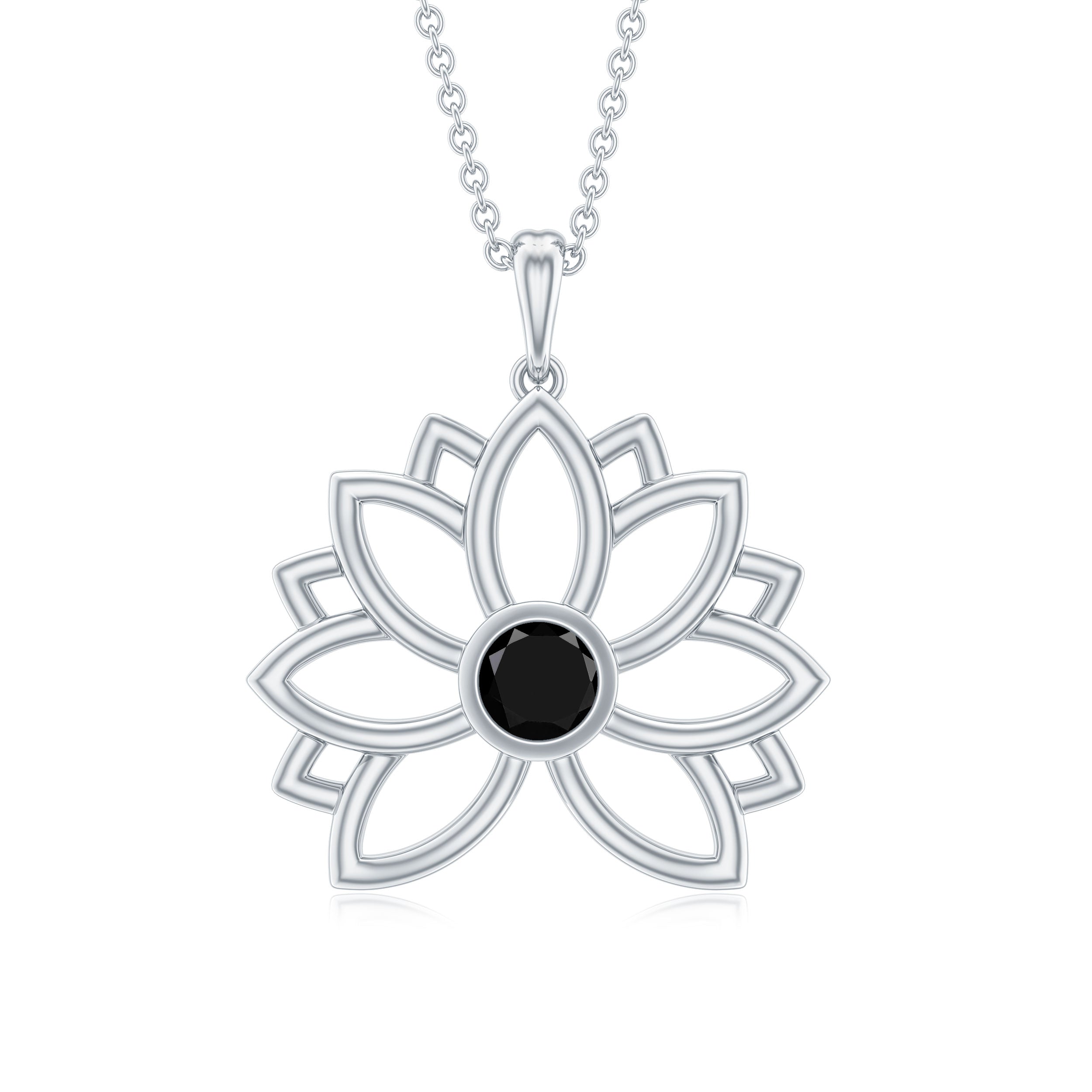 Round Cut Created Black Diamond Gold Lotus Flower Pendant Lab Created Black Diamond - ( AAAA ) - Quality - Rosec Jewels