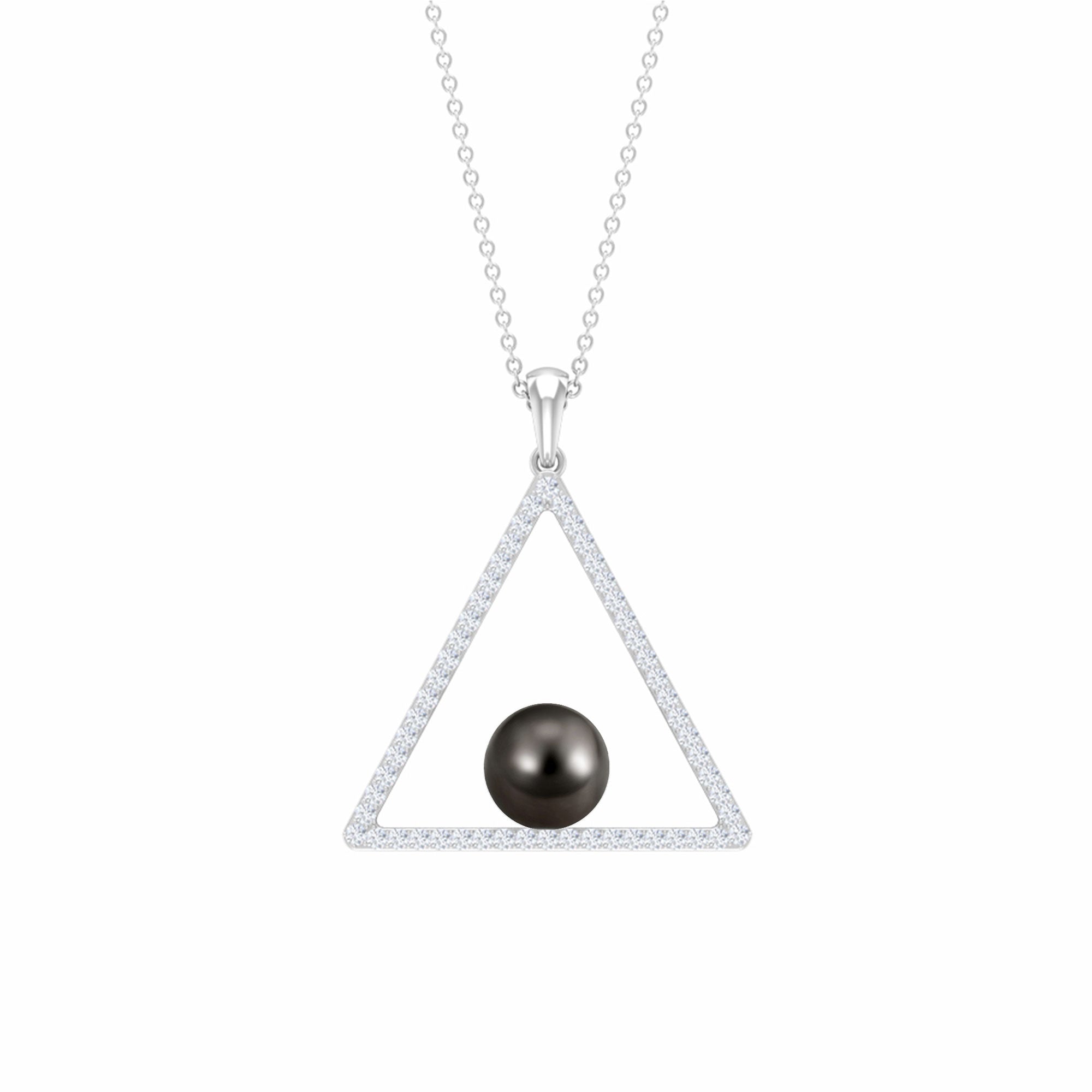 Diamond Open Triangle Pendant Necklace with Black Tahitian Pearl Tahitian pearl - ( AAA ) - Quality - Rosec Jewels