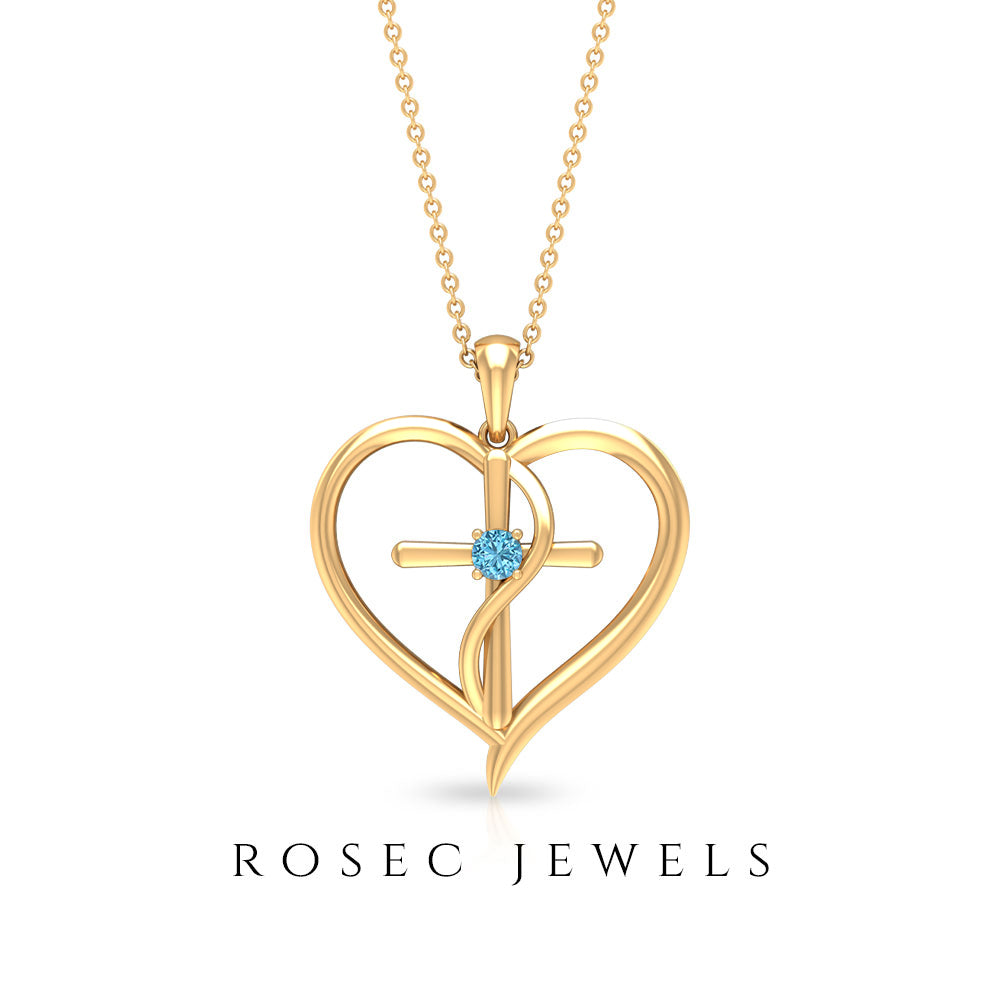 0.25 CT Aquamarine Cross Heart Pendant Necklace in Prong Setting Aquamarine - ( AAA ) - Quality - Rosec Jewels