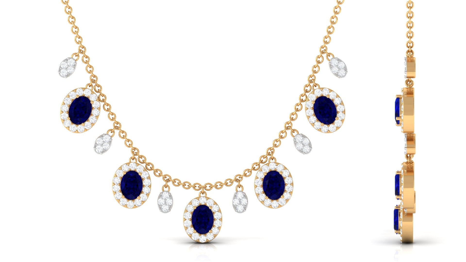 Oval Cut Blue Sapphire and Diamond Bridal Station Chain Necklace Blue Sapphire - ( AAA ) - Quality - Rosec Jewels