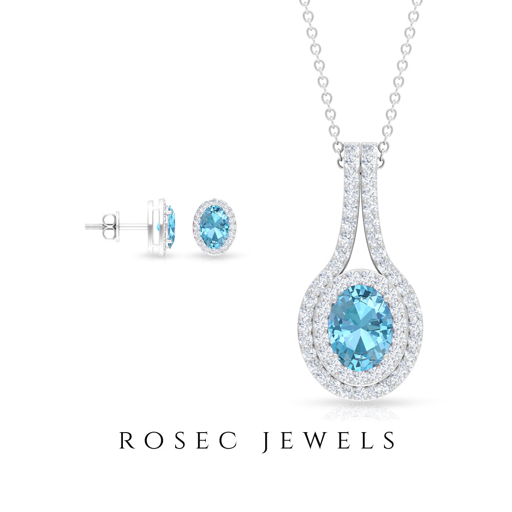 Bridal Aquamarine Jewelry Set with Moissanite Aquamarine - ( AAA ) - Quality - Rosec Jewels