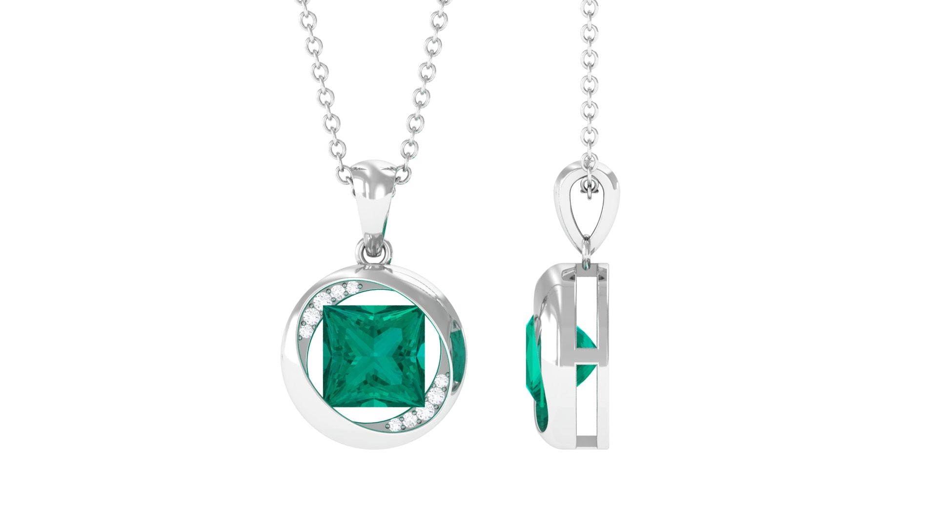 Created Emerald Solitaire Pendant Necklace with Diamond Lab Created Emerald - ( AAAA ) - Quality - Rosec Jewels