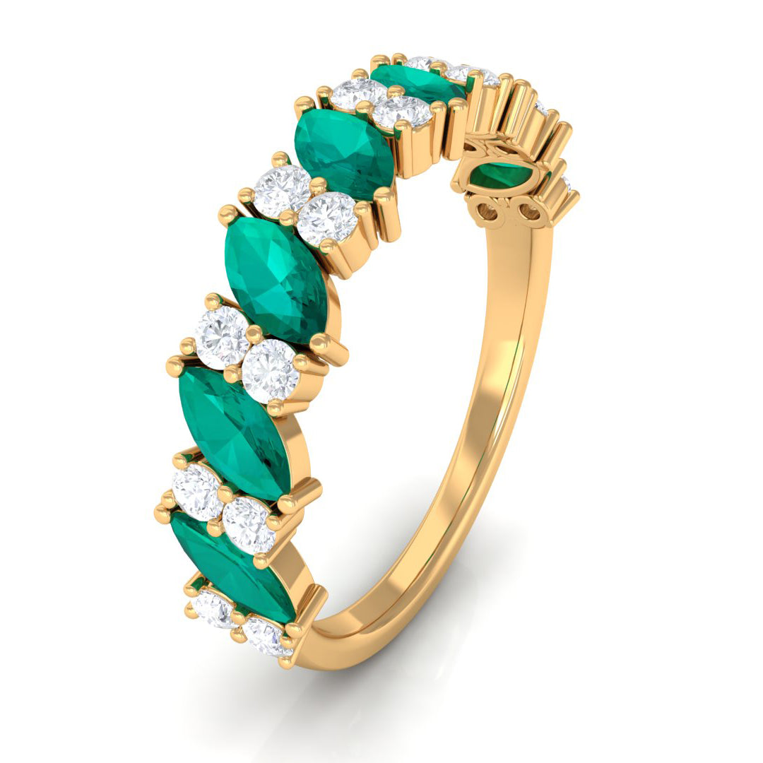 Real Emerald and Diamond Half Eternity Ring in Prong Setting Emerald - ( AAA ) - Quality - Rosec Jewels