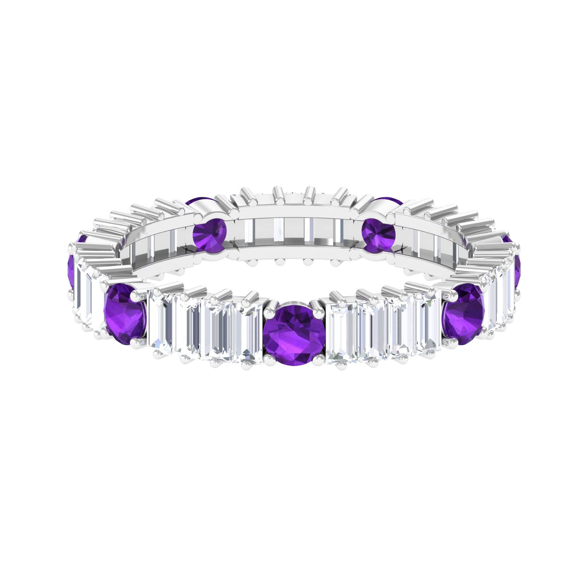 Baguette Cut Moissanite and Round Amethyst Eternity Ring in Prong Setting Amethyst - ( AAA ) - Quality - Rosec Jewels